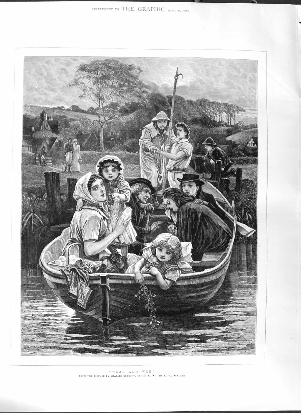 Original Old Antique Print 1881 Fine Art Family River Boat Trees Gregory 19th