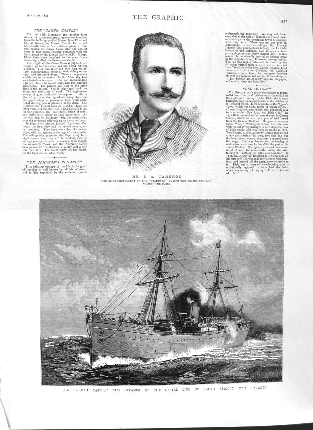 Original Old Antique Print 1881 Garth Castle South African Ship Cameron Wa 19th