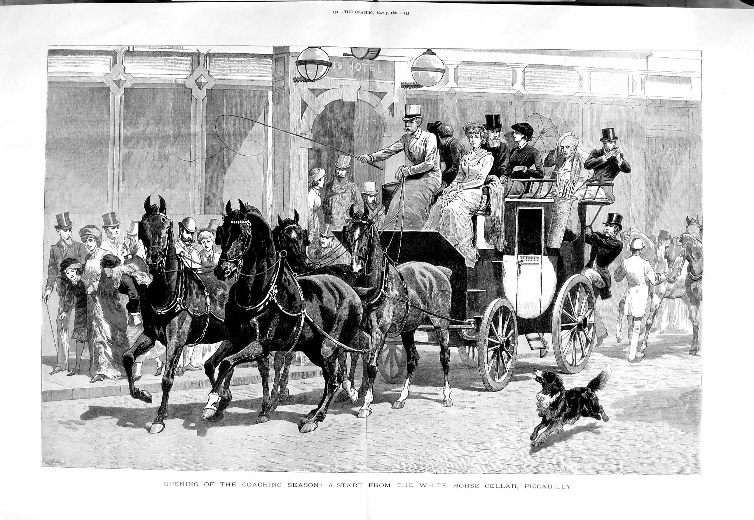 Old Antique Print 1881 Coach White Horse Cellar Piccadilly London Scene 19th