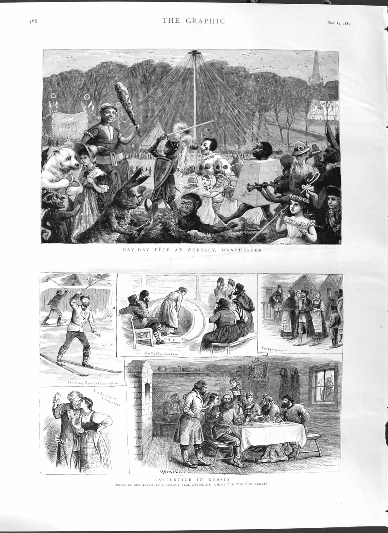 Original Old Antique Print 1881 Russia Gatschina Easter May-Day Worsley Man 19th
