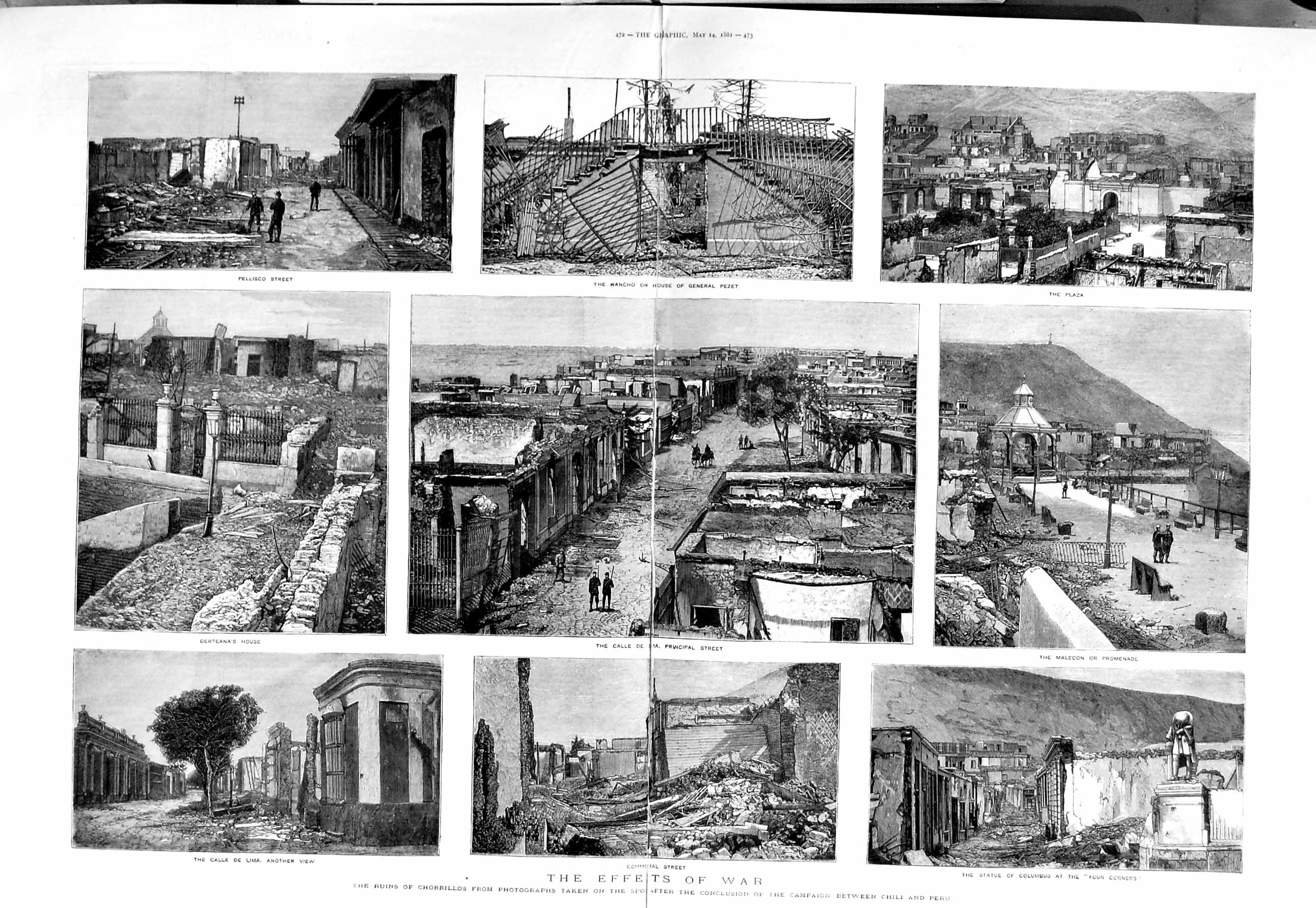 Original Old Antique Print 1881 War Ruins Chorrillos House General Peze 19th