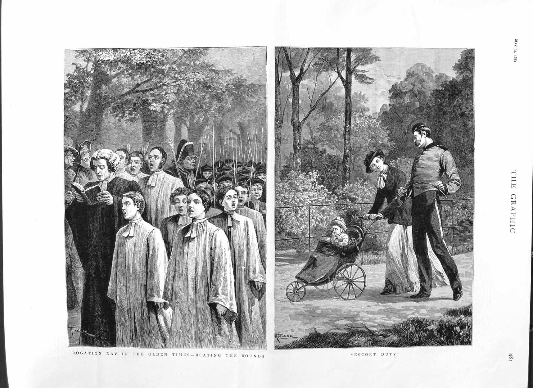 Old Antique Print 1881 Rogation Day Beating Bounds Mother Baby Policeman 19th