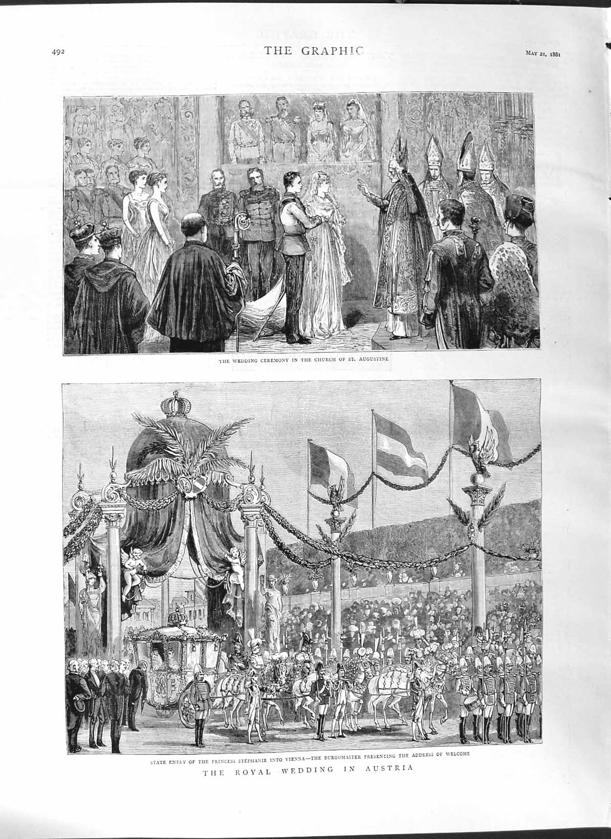 Original Old Antique Print 1881 Royal Wedding Austria Augustine Church Vienna