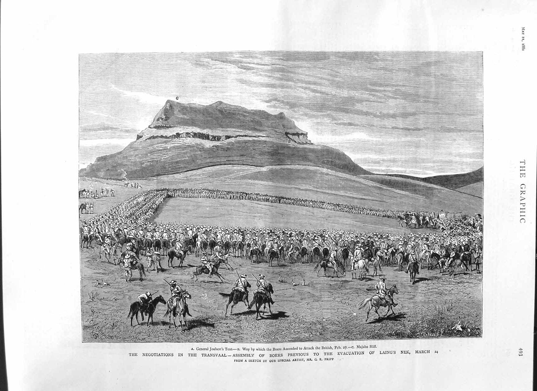 Original Old Antique Print 1881 Transvaal War Boers General Joubert Majuba Hill