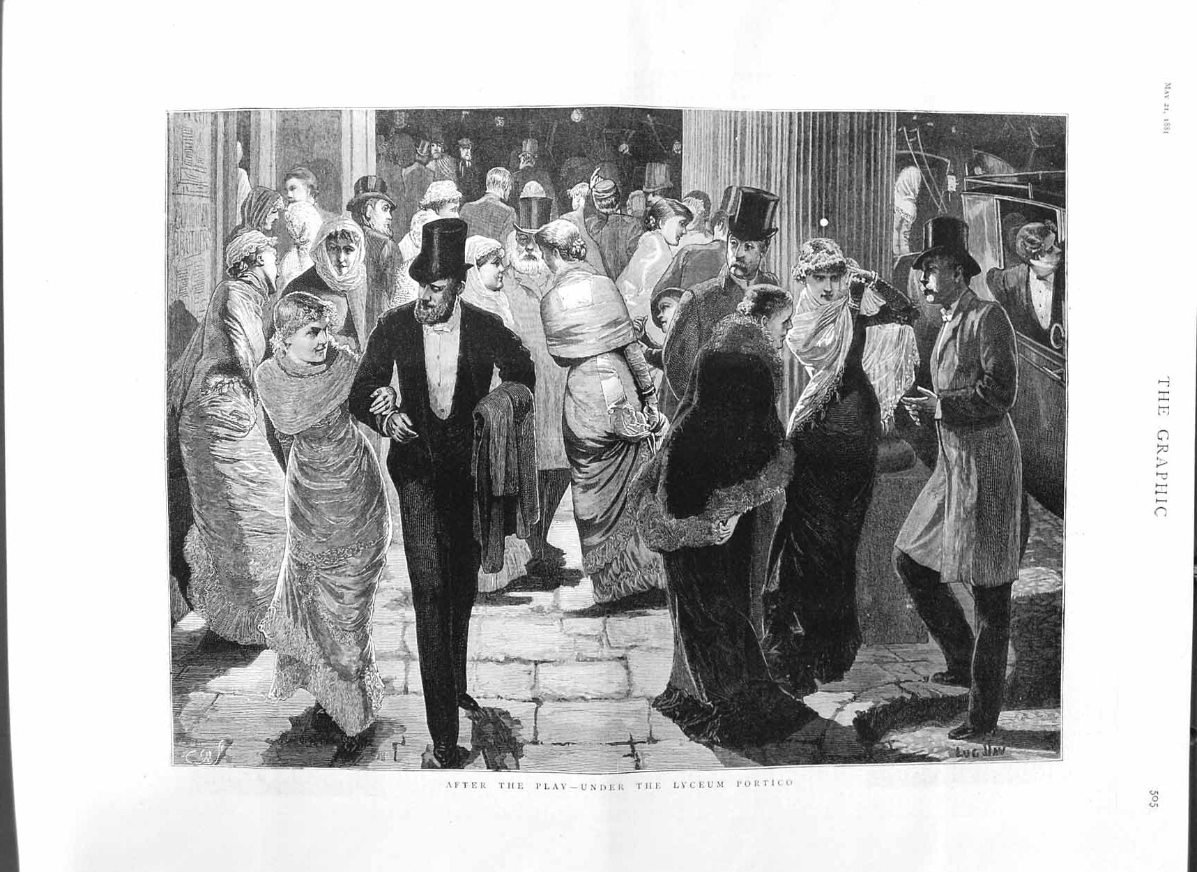 Original Old Antique Print 1881 Lyceum Theatre Portico Play Men Ladies F 19th
