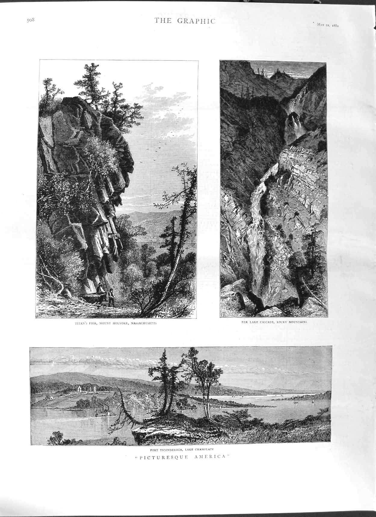 Old Antique Print 1881 America Titan'S Pier Rocky Mountains Ticonderoga 19th