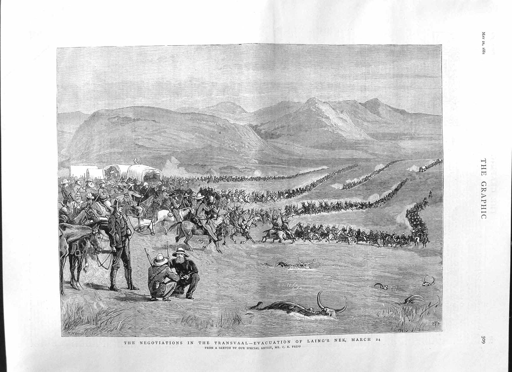 Original Old Antique Print 1881 Transvaal Evacuation Laing'S Neck Siers Horses