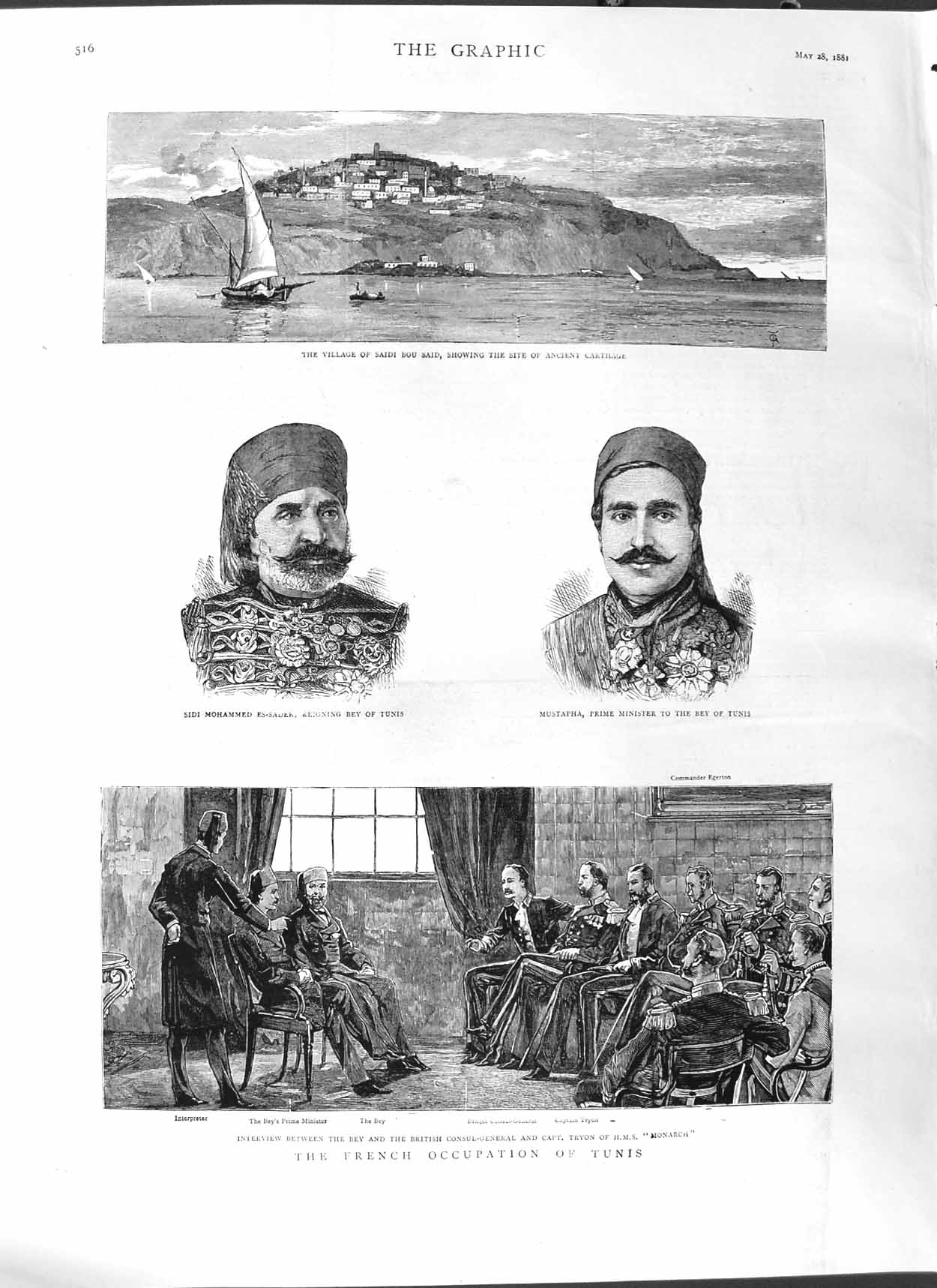 Original Old Antique Print 1881 Saidi Bou Said Es-Sadek Mustapha Bey Tuns Tryon