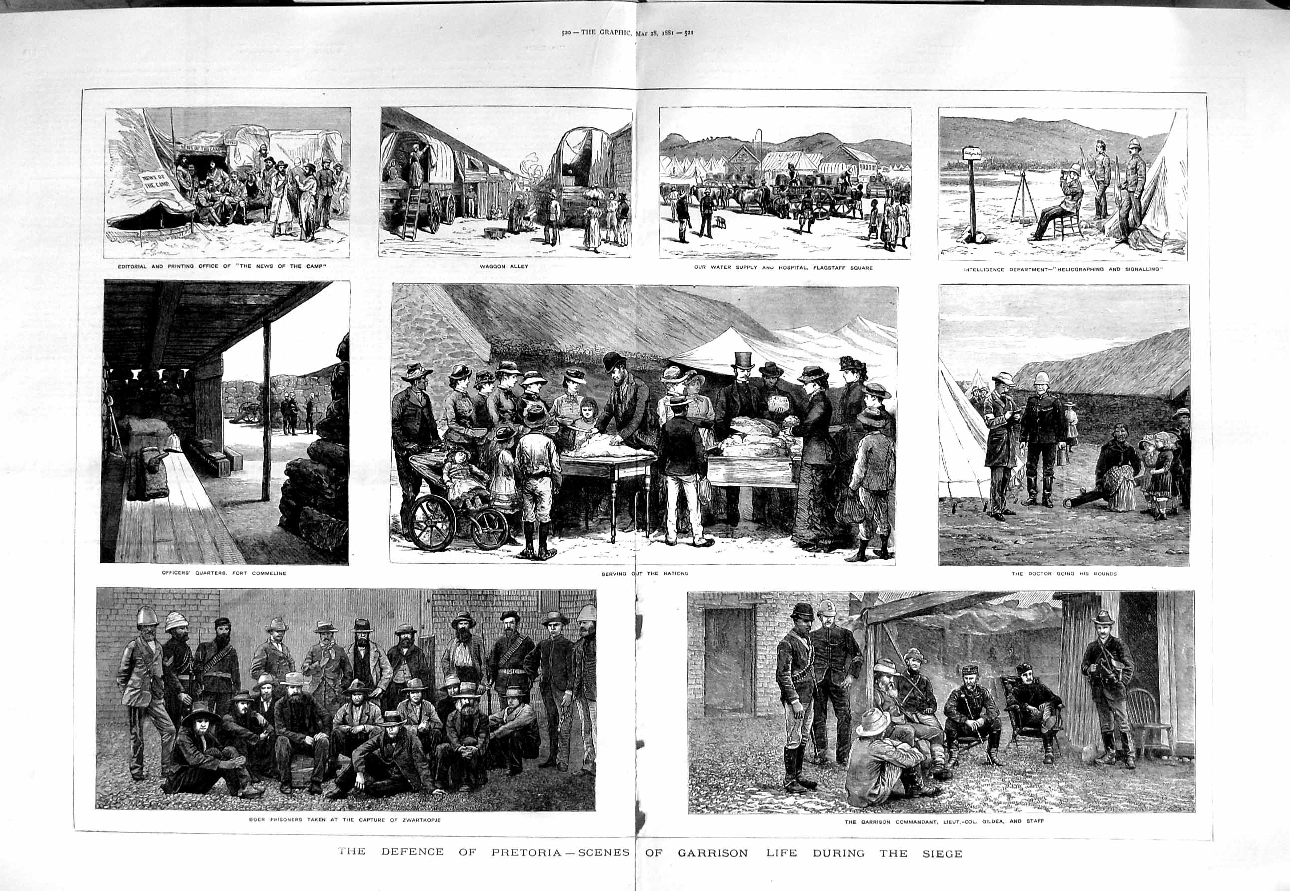 Original Old Antique Print 1881 Pretoria War Garrison Gildea Waggons Zwa 19th