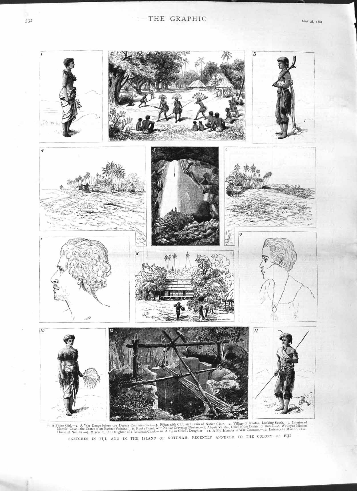 Old Antique Print 1881 Fiji Island Rotumah Noatau Alipati Vaniha Warrior 19th