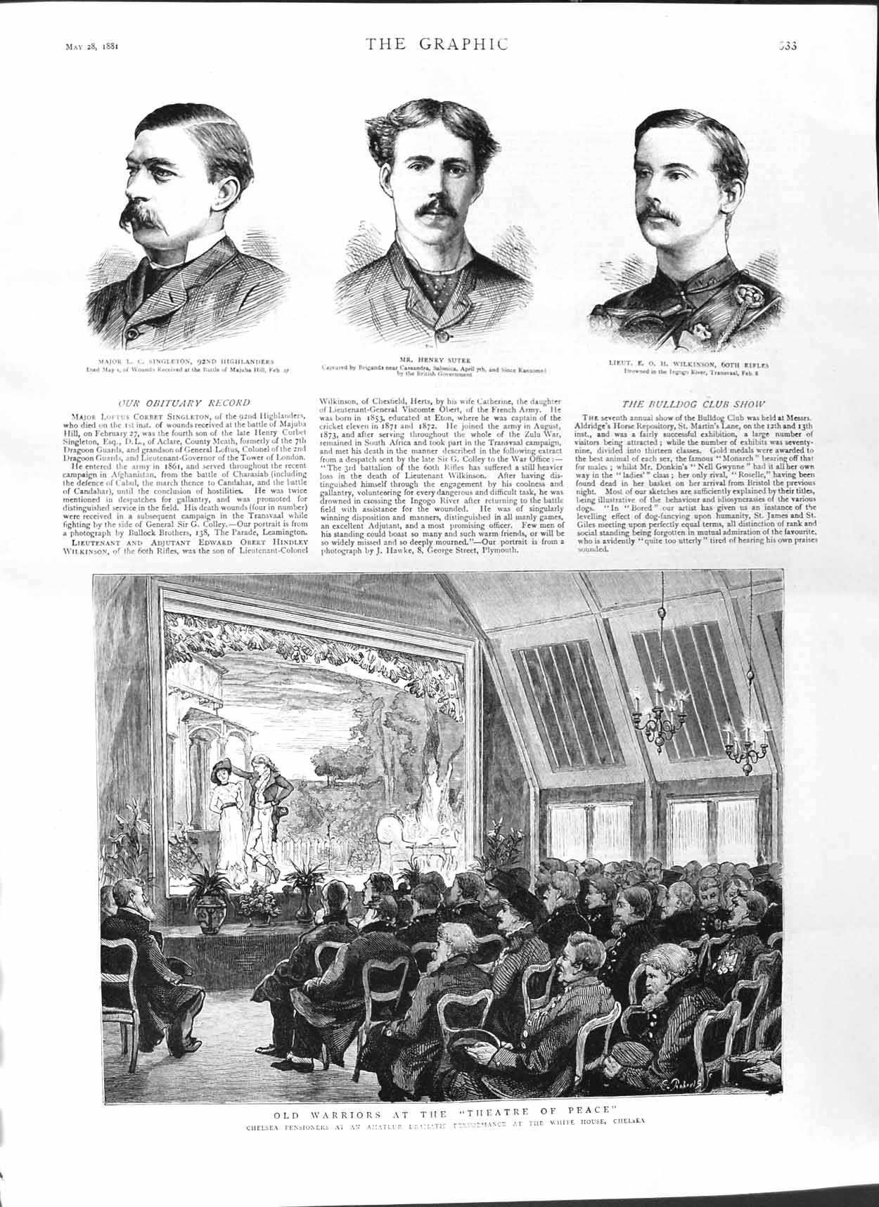 Original Old Antique Print 1881 Theatre White House Chelsea Singleton Suter War