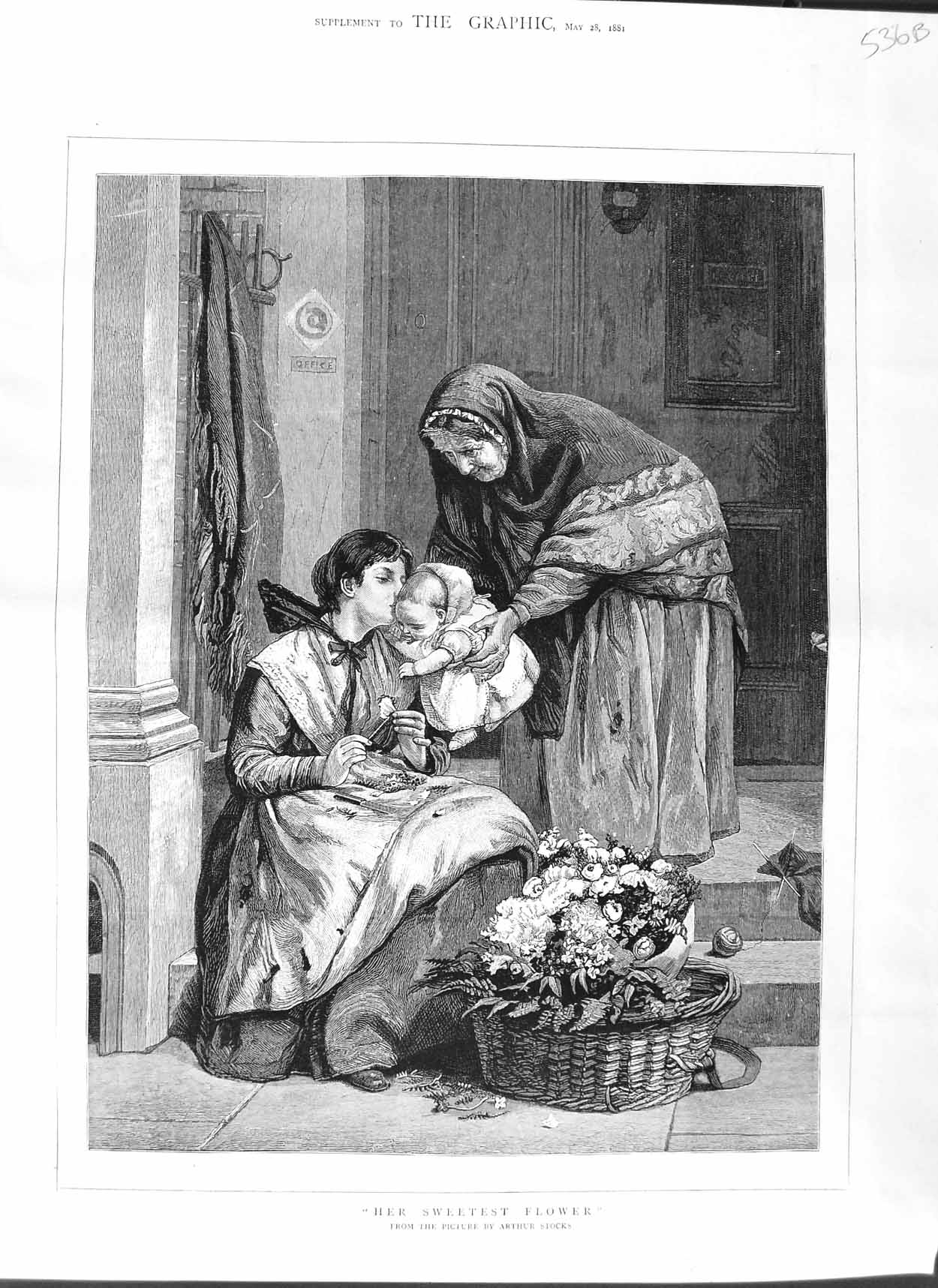 Old Antique Print 1881 Arthur Stocks Fine Art Mother Baby Flowers Basket 19th