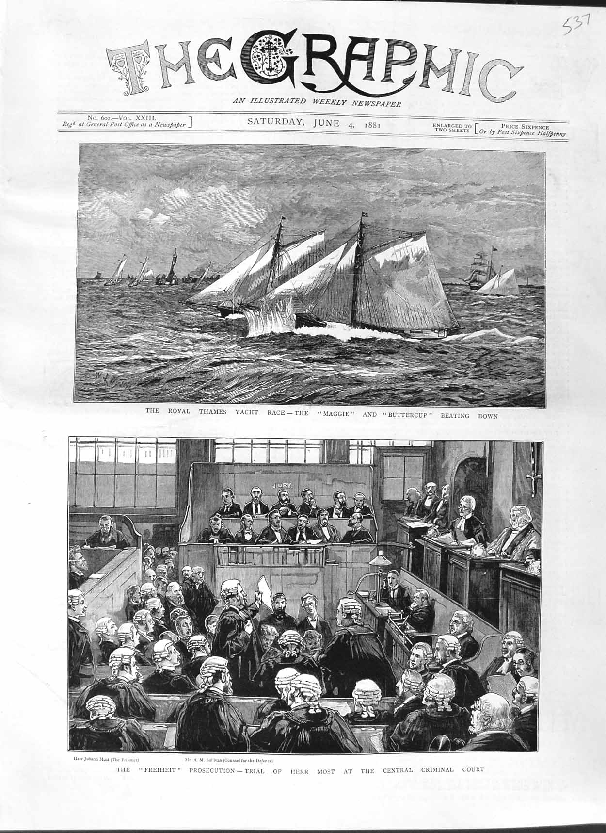Old Antique Print 1881 Thames Yacht Race Maggie Buttercup Freiheit Court 19th