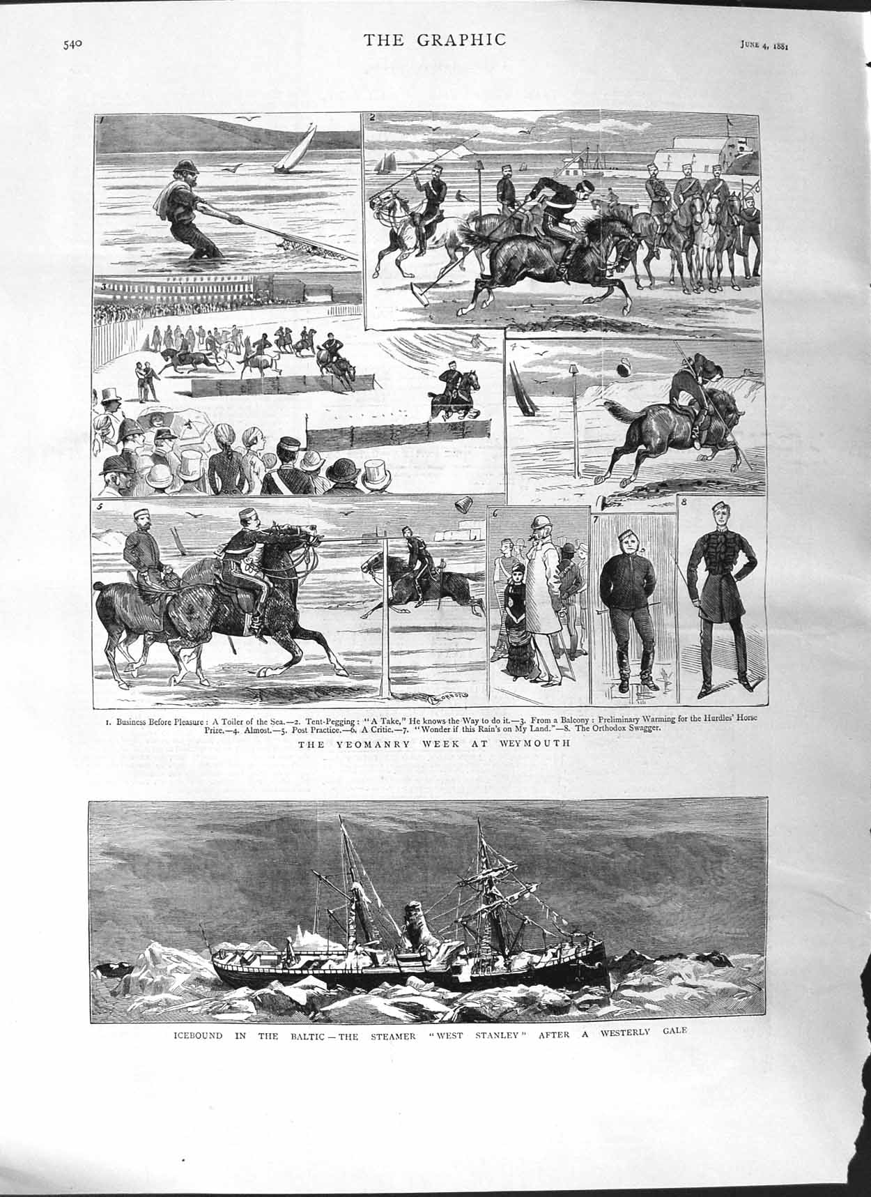 Original Old Antique Print 1881 West Stanley Ship Baltic Ice Weymouth Yeomanry