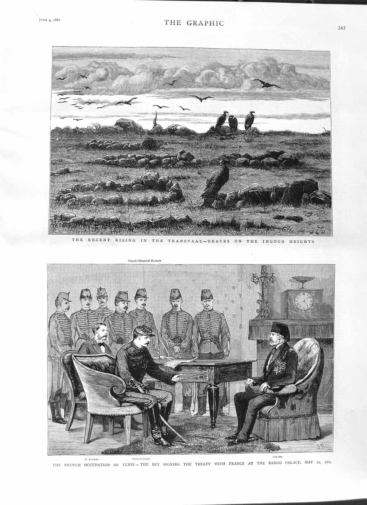 Original Old Antique Print 1881 Transvaal War Ingogo Heights General Breart Bey