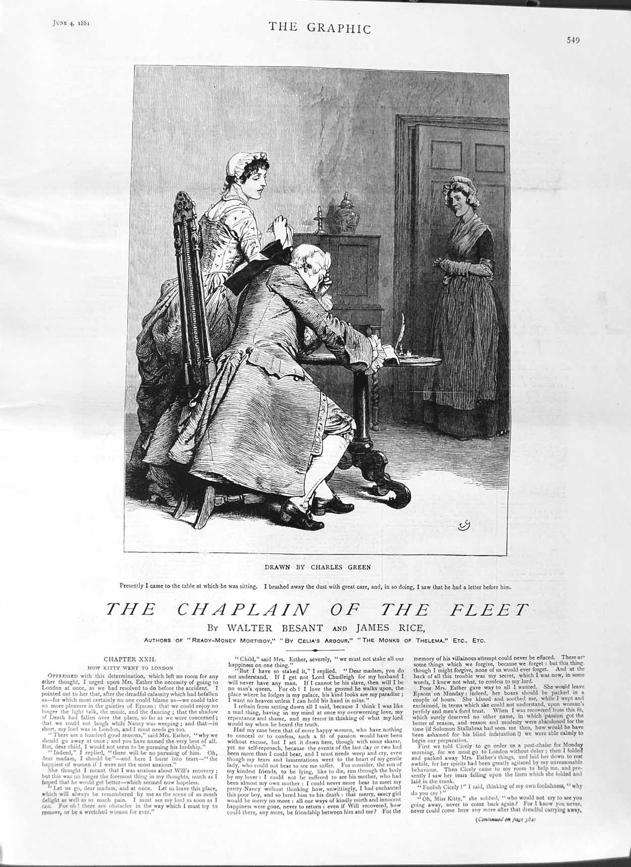 Original Old Antique Print 1881 Illustration Chaplain Fleet Story Charles Green