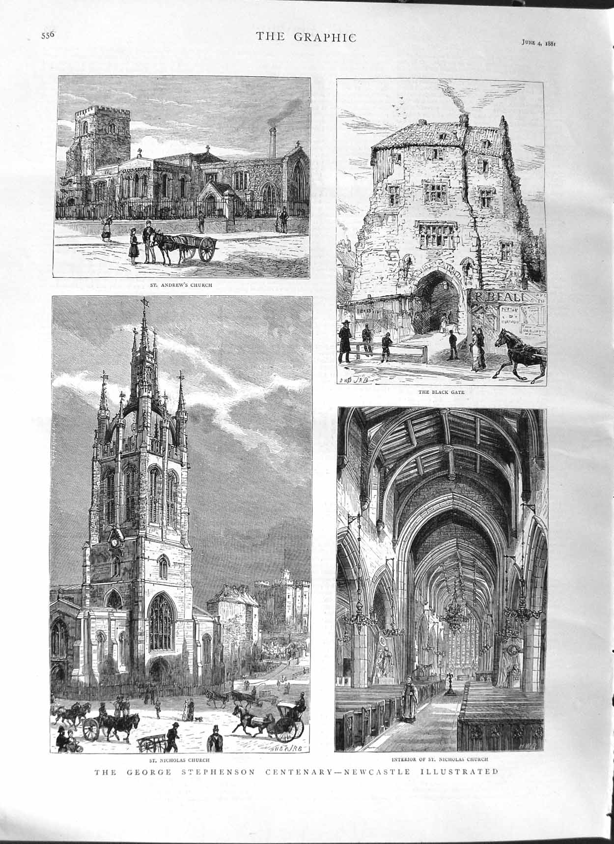 Original Old Antique Print 1881 Stephenson Newcastle Church Black Gate Nicholas