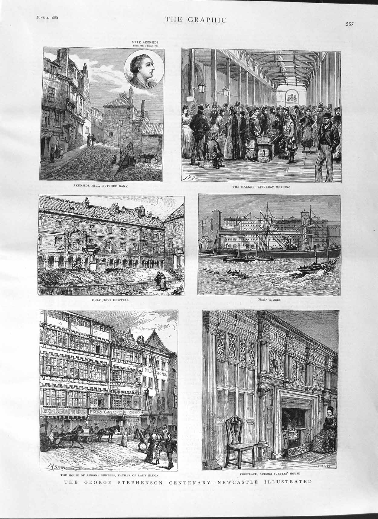 Old Antique Print 1881 Stephenson Newcastle Hospital Aubone Market Ship 19th