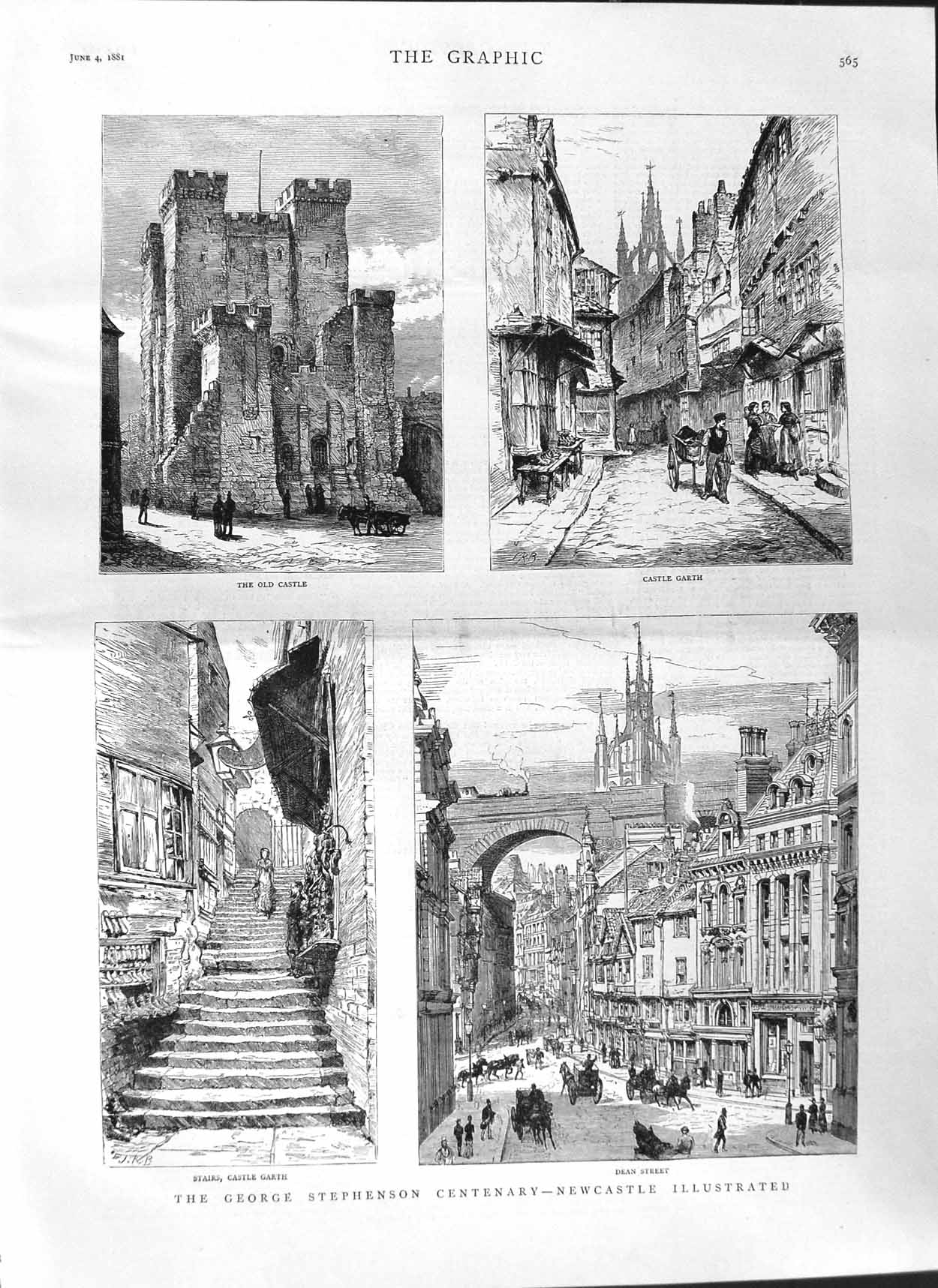 Original Old Antique Print 1881 George Stephenson Newcastle Castle Garth Dean