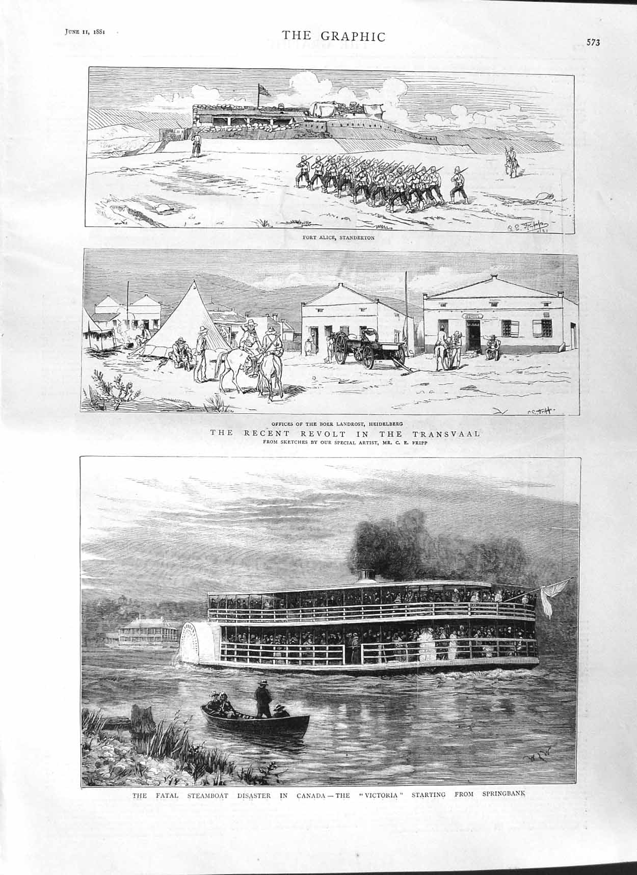 Old Antique Print 1881 Steamboat Disaster Canada Victoria Transvaal War 19th