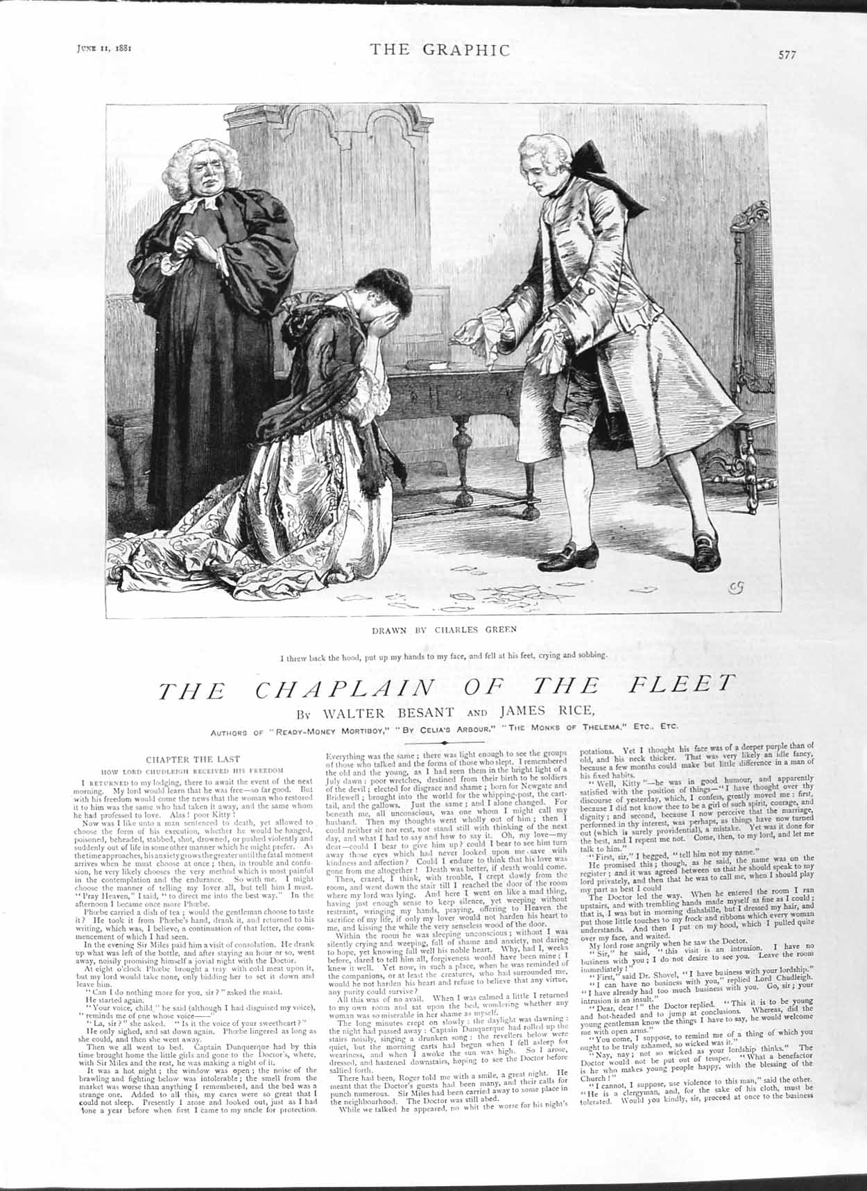 Original Old Antique Print 1881 Illustration Story Chaplain Fleet Charles Green