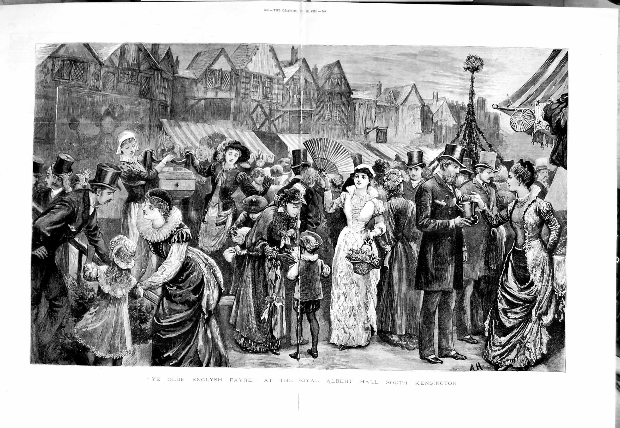 Old Antique Print 1881 Royal Albert Hall South Kensington English Fayre 19th
