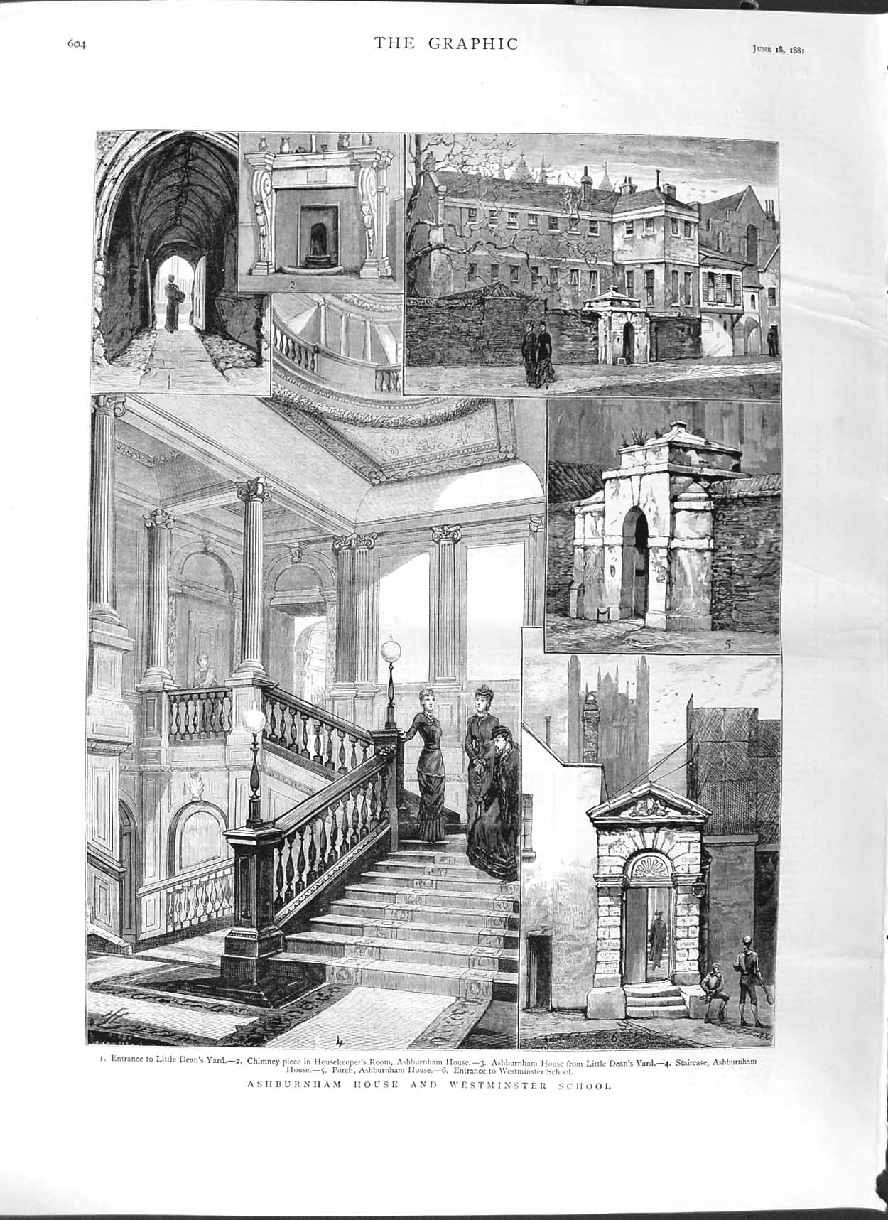 Original Old Antique Print 1881 Ashburnham House Westminster School Litt 19th