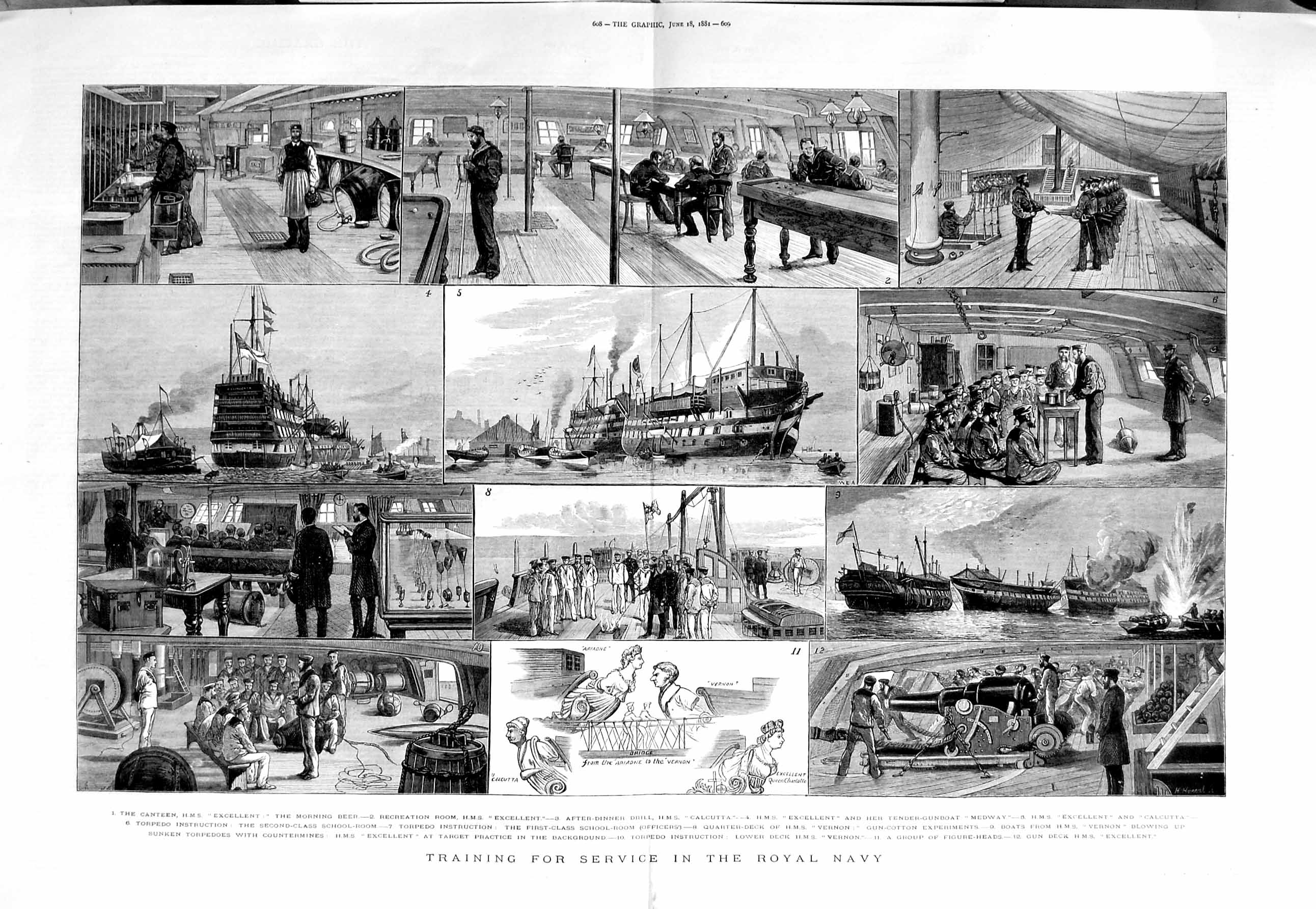 Original Old Antique Print 1881 Royal Navy Training Ship Excellent Calcutta 19th