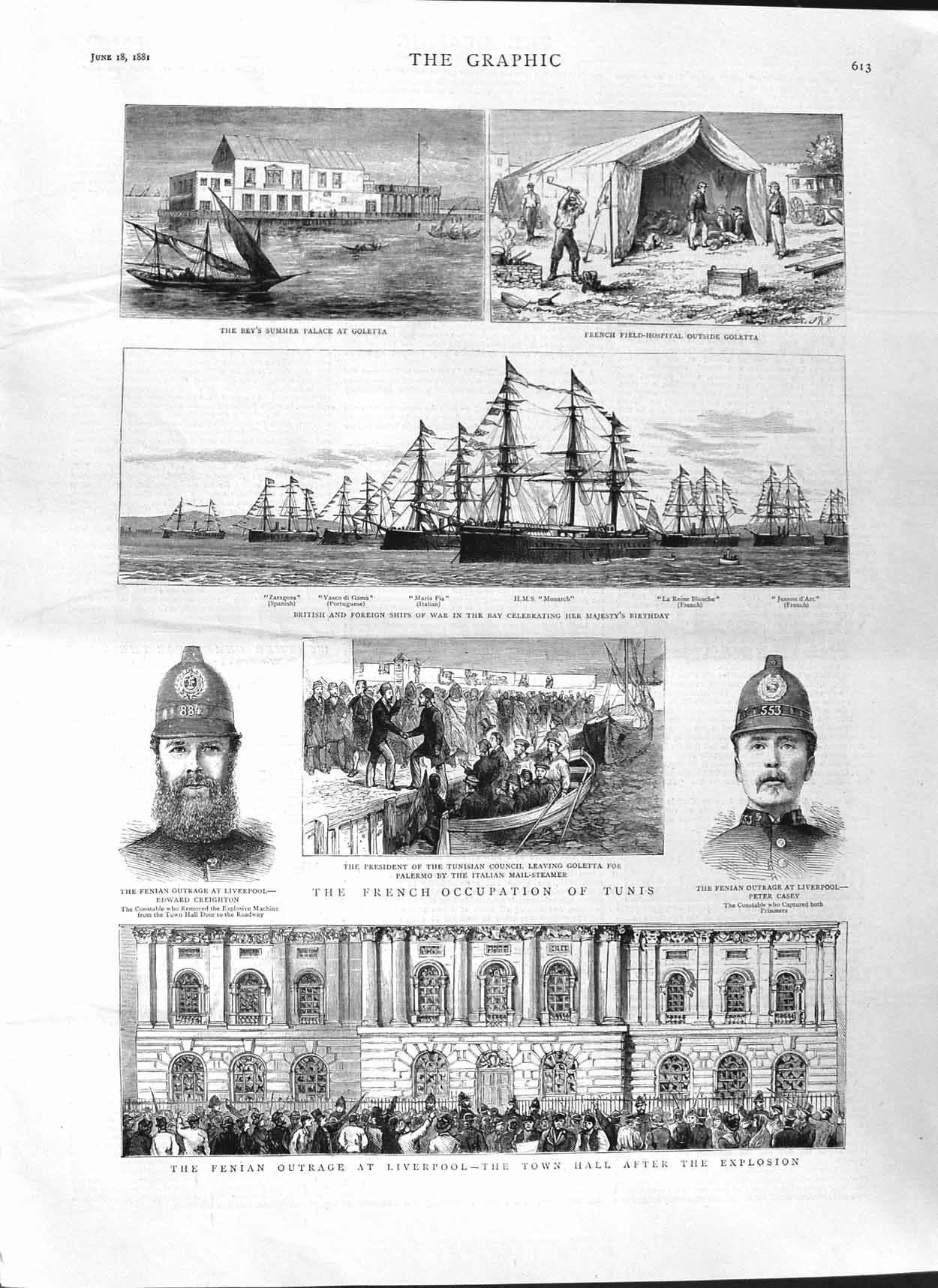 Original Old Antique Print 1881 Liverpool Fenian Casey Ships War Goletta Tunis