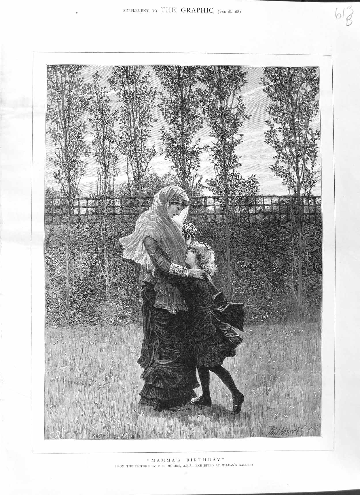 Original Old Antique Print 1881 Mother Young Girl Birthday Garden Phil Morris