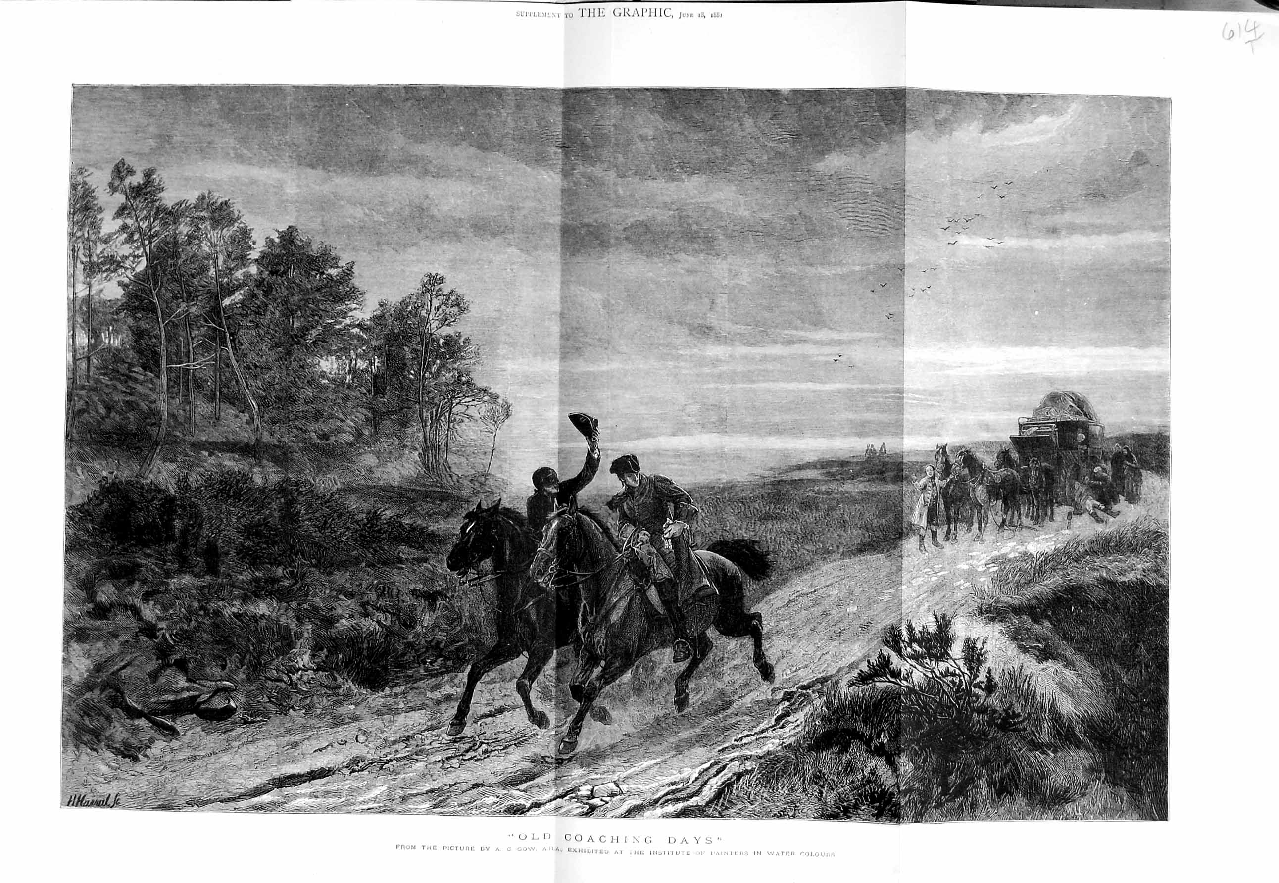Original Old Antique Print 1881 Gow Fine Art Highwaymen Coach 19th