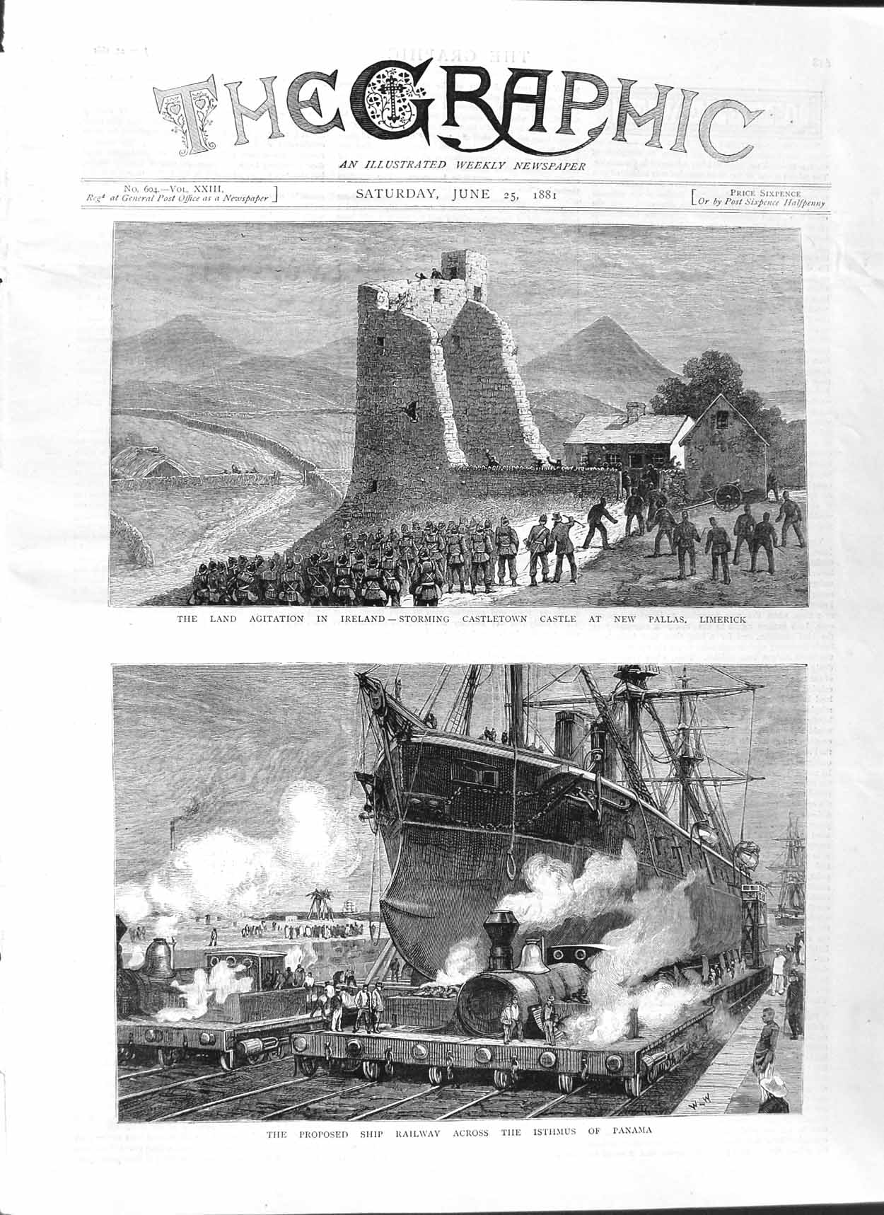 Original Old Antique Print 1881 Castletown Castle Ireland Ship Railway Victorian