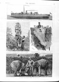 Original Old Antique Print 1881 Torpedo-Ram Polyphemus Ship Chester Elephants