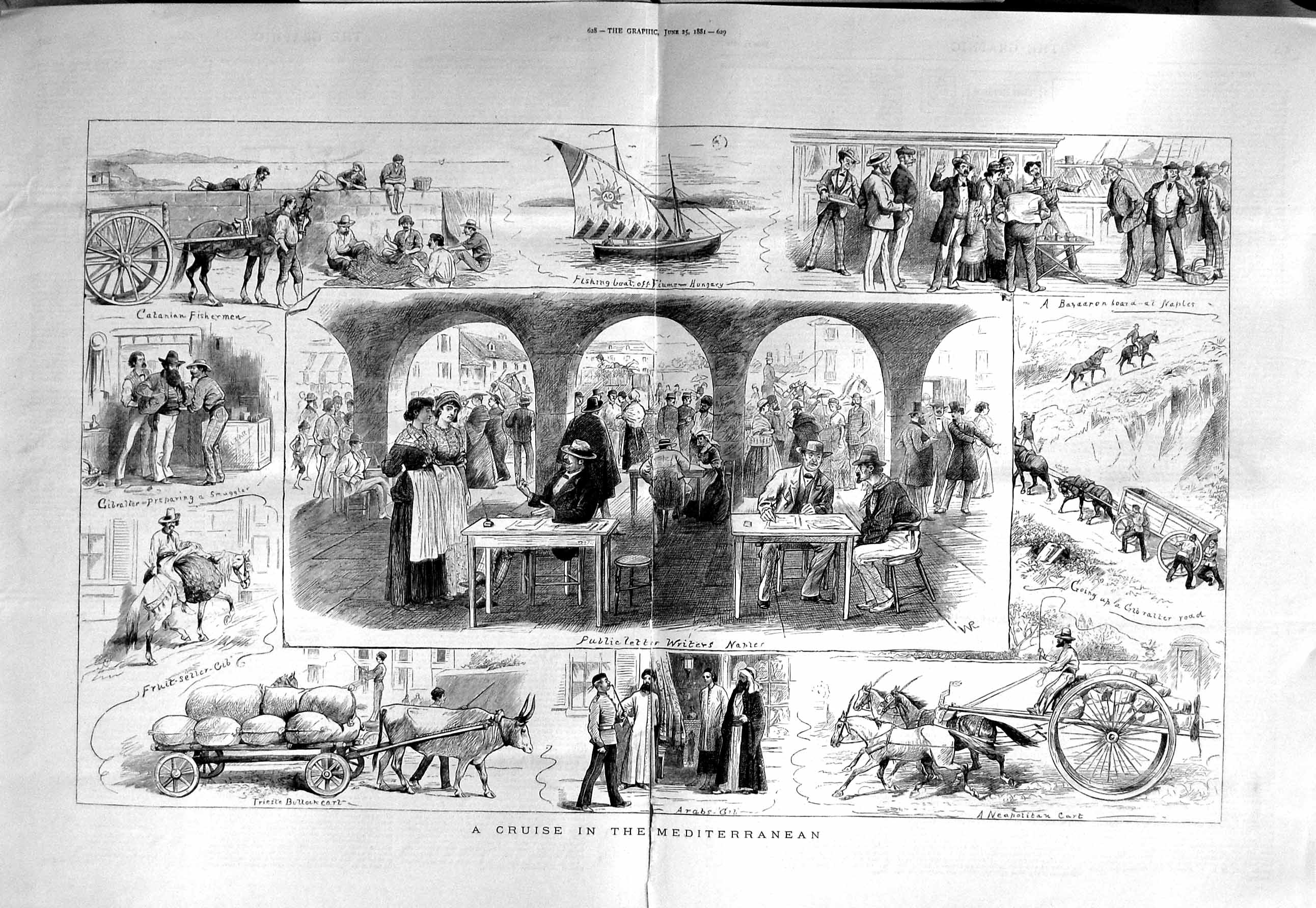 Old Antique Print 1881 Mediterranean Yacht Naples Gibraltar Cart Bullock 19th