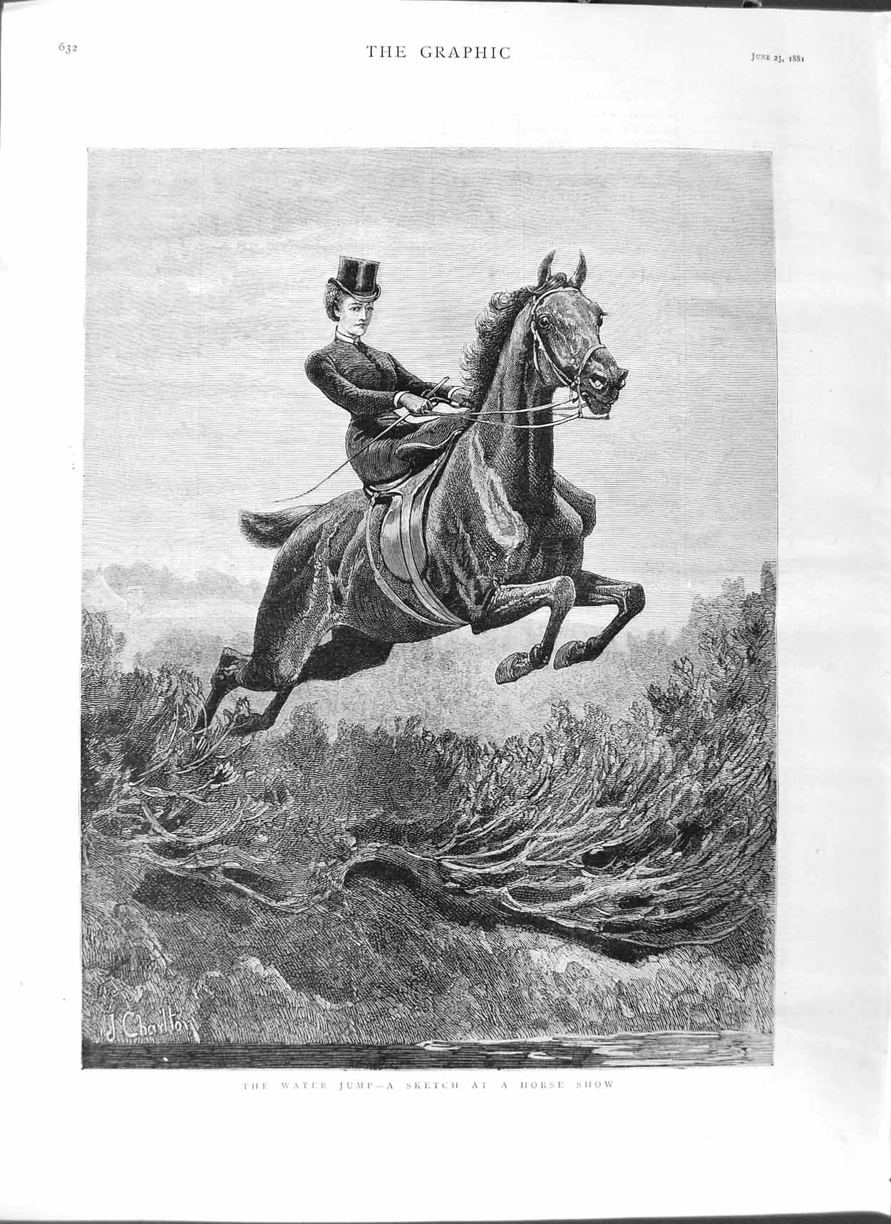 Original Old Antique Print 1881 Horse Show Lady Water Jump Ditch Sport C 19th