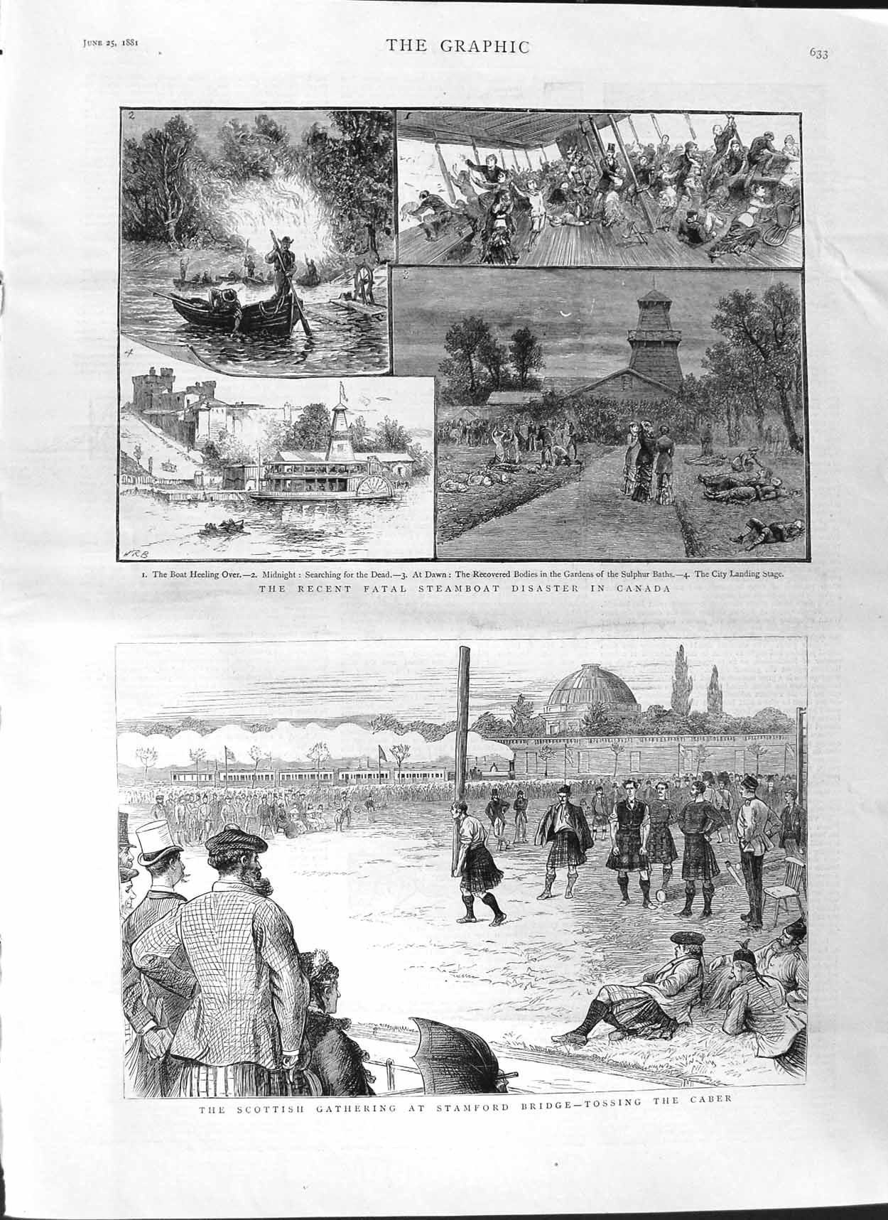 Old Antique Print 1881 Caber Stamford Bridge Scotland Canada Boat Crash 19th