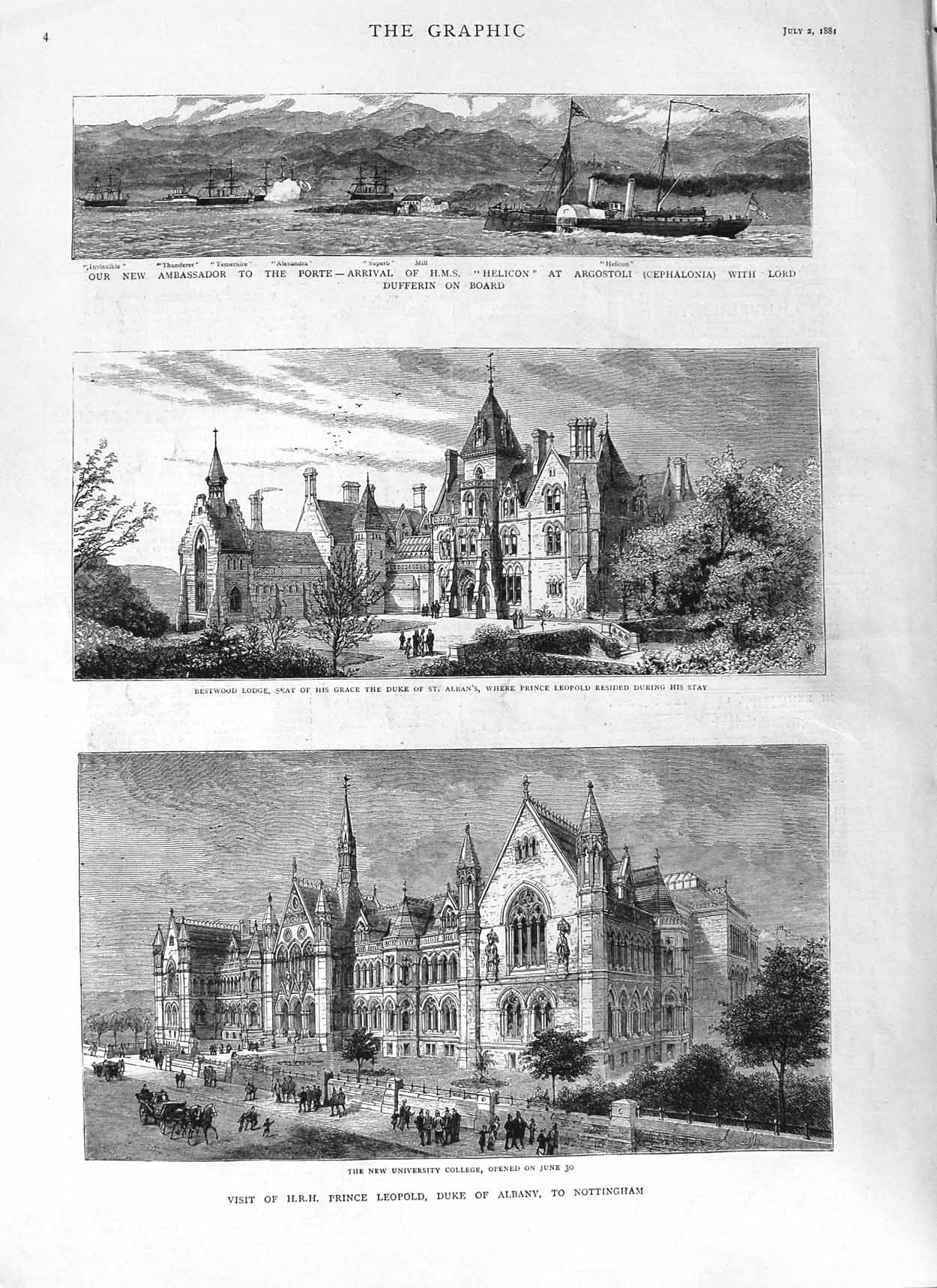 Original Old Antique Print 1881 Prince LeopDuke Albany Nottingham Ships Lodge
