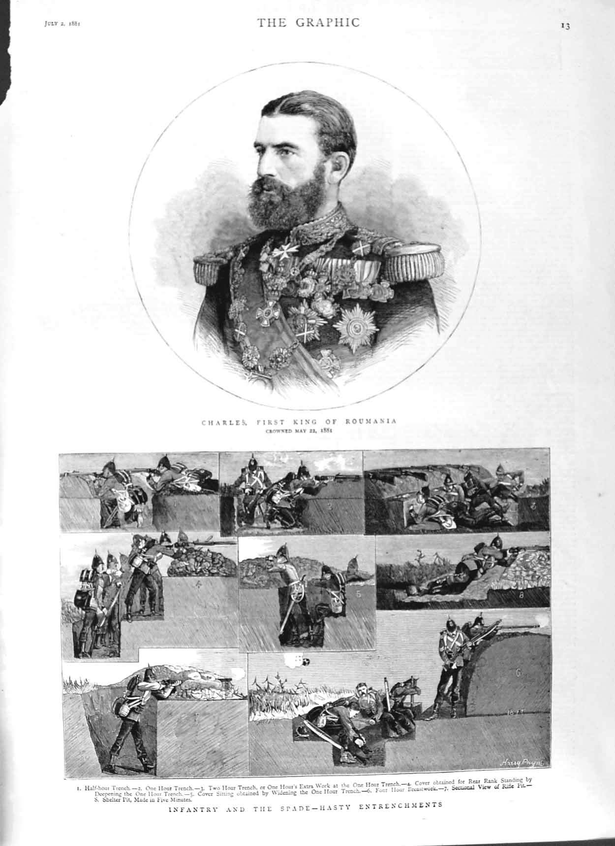 Original Old Antique Print 1881 Portrait Charles King Roumania Siers Trench War