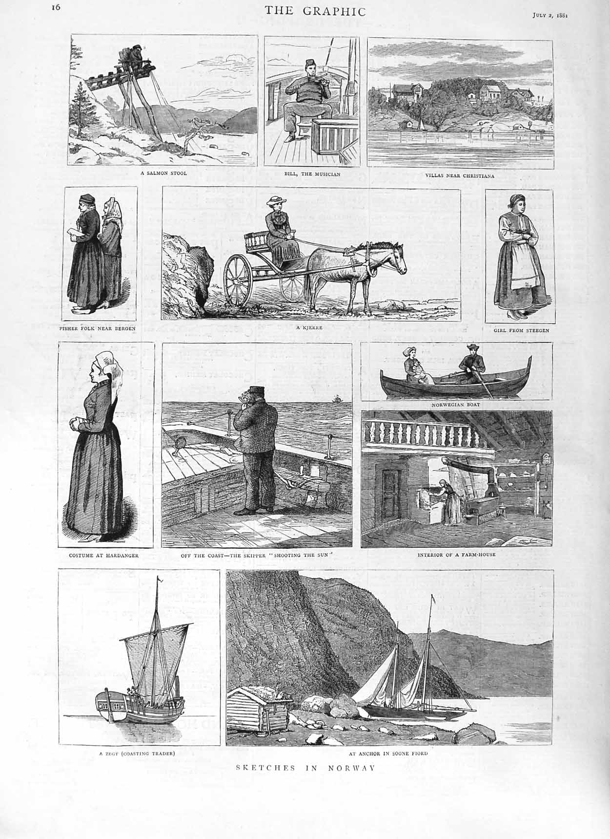Old Antique Print 1881 Norway Sogne Fiord Zegt Hardanger Kjerre Steegen 19th