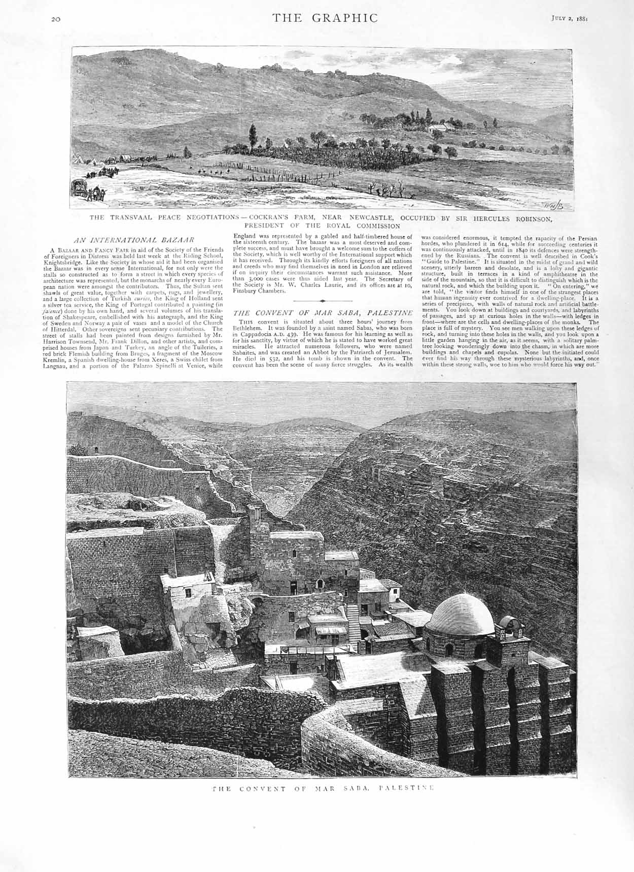 Old Antique Print 1881 Convent Mar Saba Palestine Transvaal Cockran Farm 19th