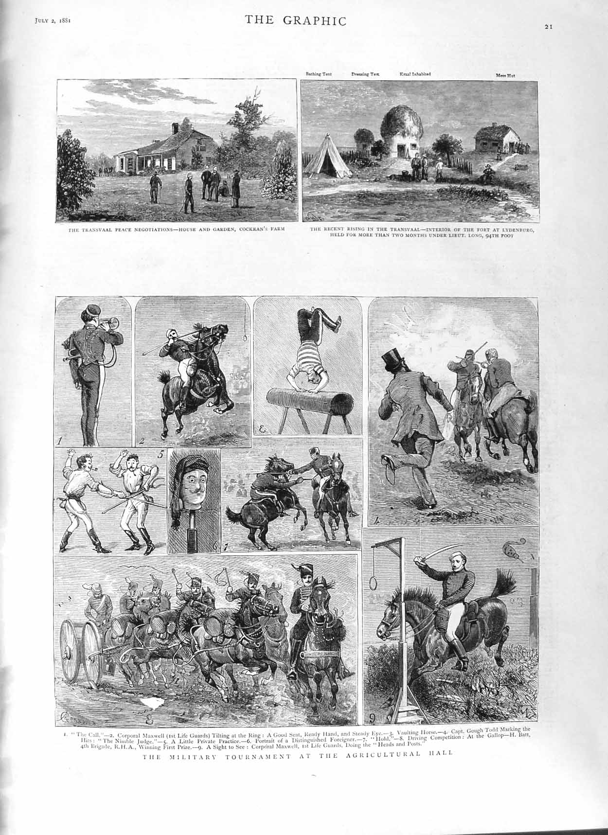 Original Old Antique Print 1881 Military Tournament Agricultural Hall Transvaal