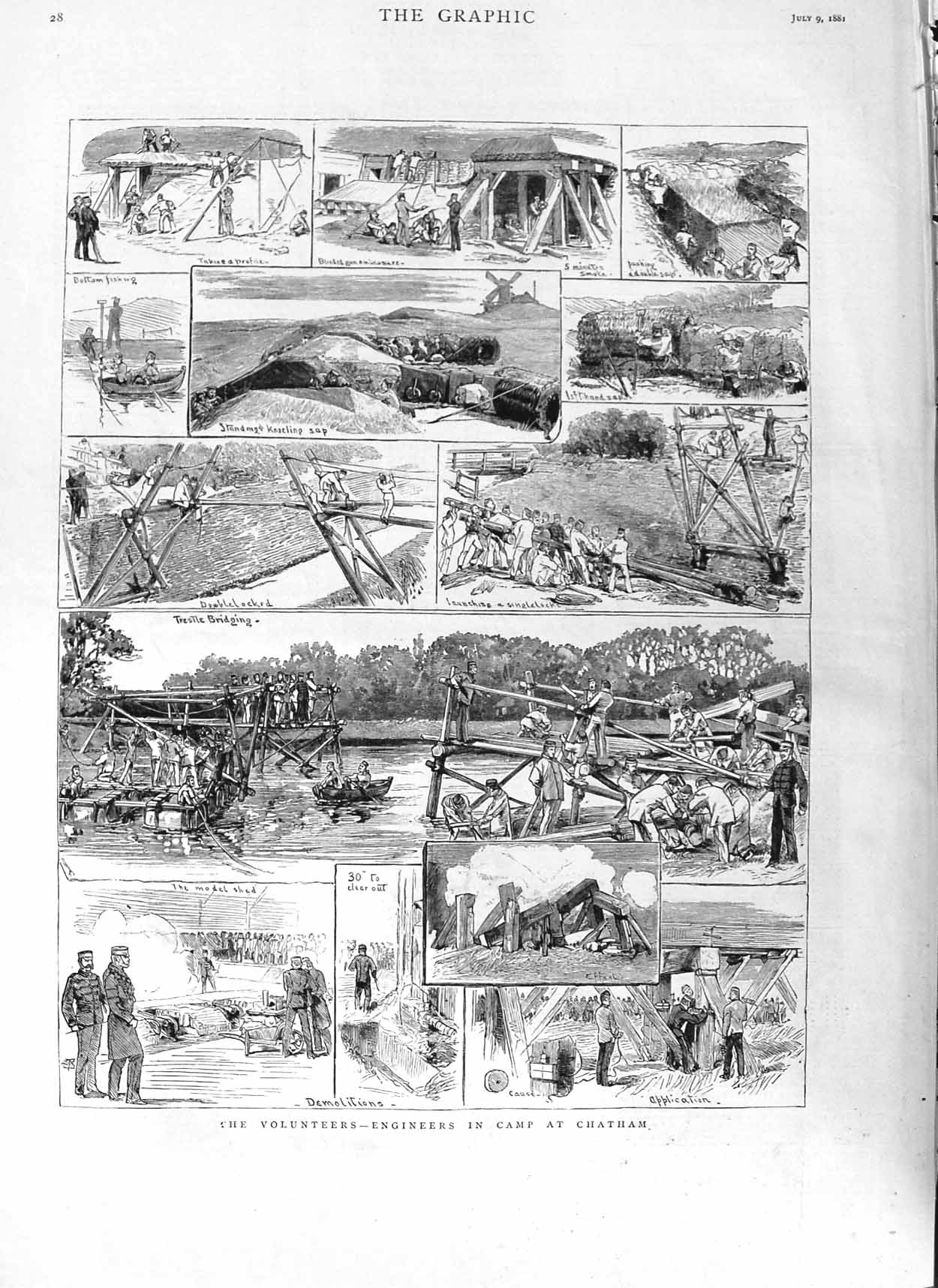 Original Old Antique Print 1881 Siers Volunteers War Camp Chatham Victorian