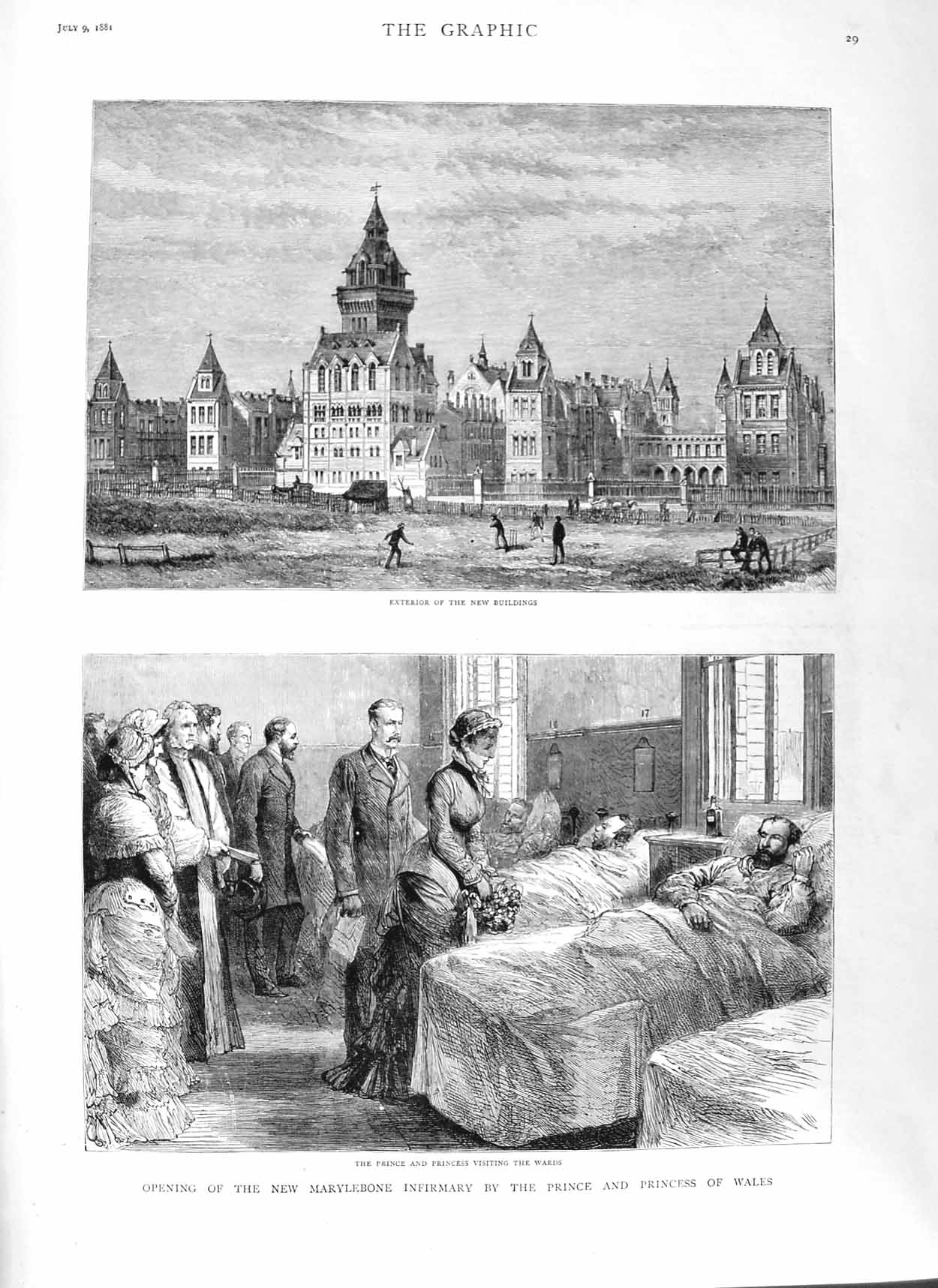 Antique Old Print *3083 1881 Marylebone Infirmary Hospital Prince Wales Wards