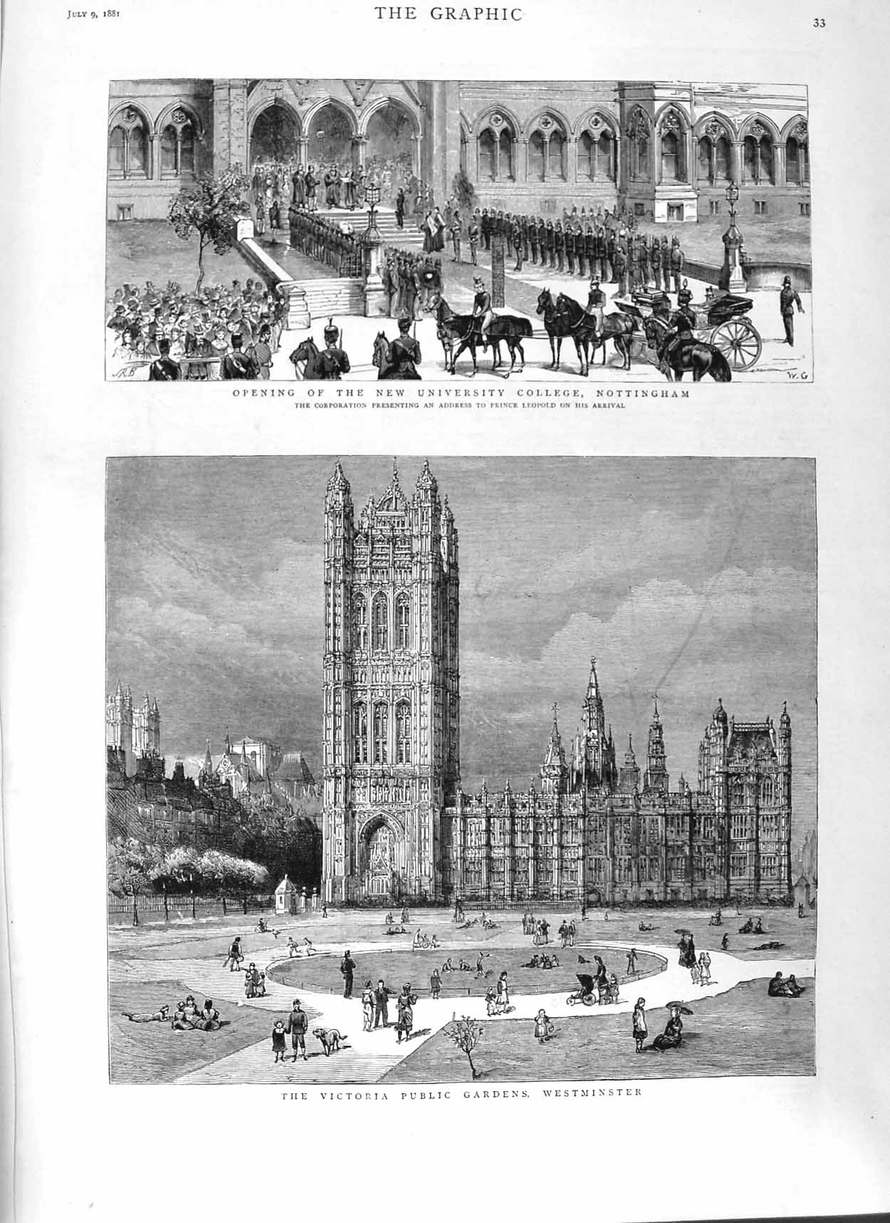 Original Old Antique Print 1881 Victoria Gardens Westminster College Nottingham