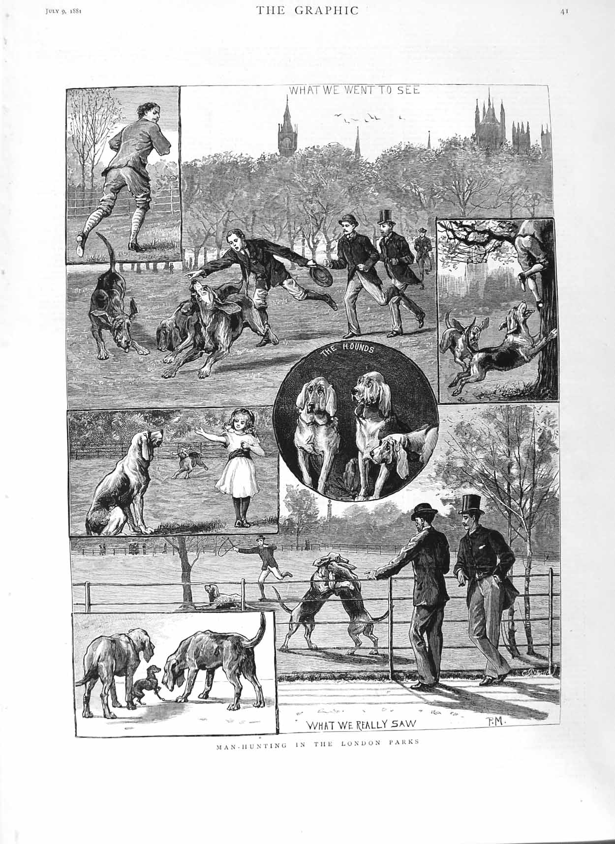 Original Old Antique Print 1881 Man Hunting London Parks Hounds Dogs Fine Art