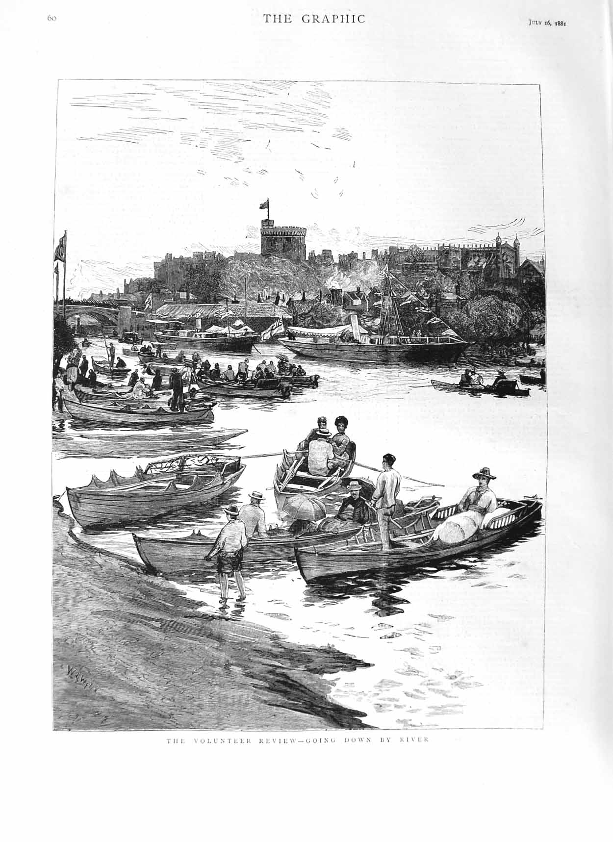 Original Old Antique Print 1881 War Siers Volunteer Review River Boats Scene