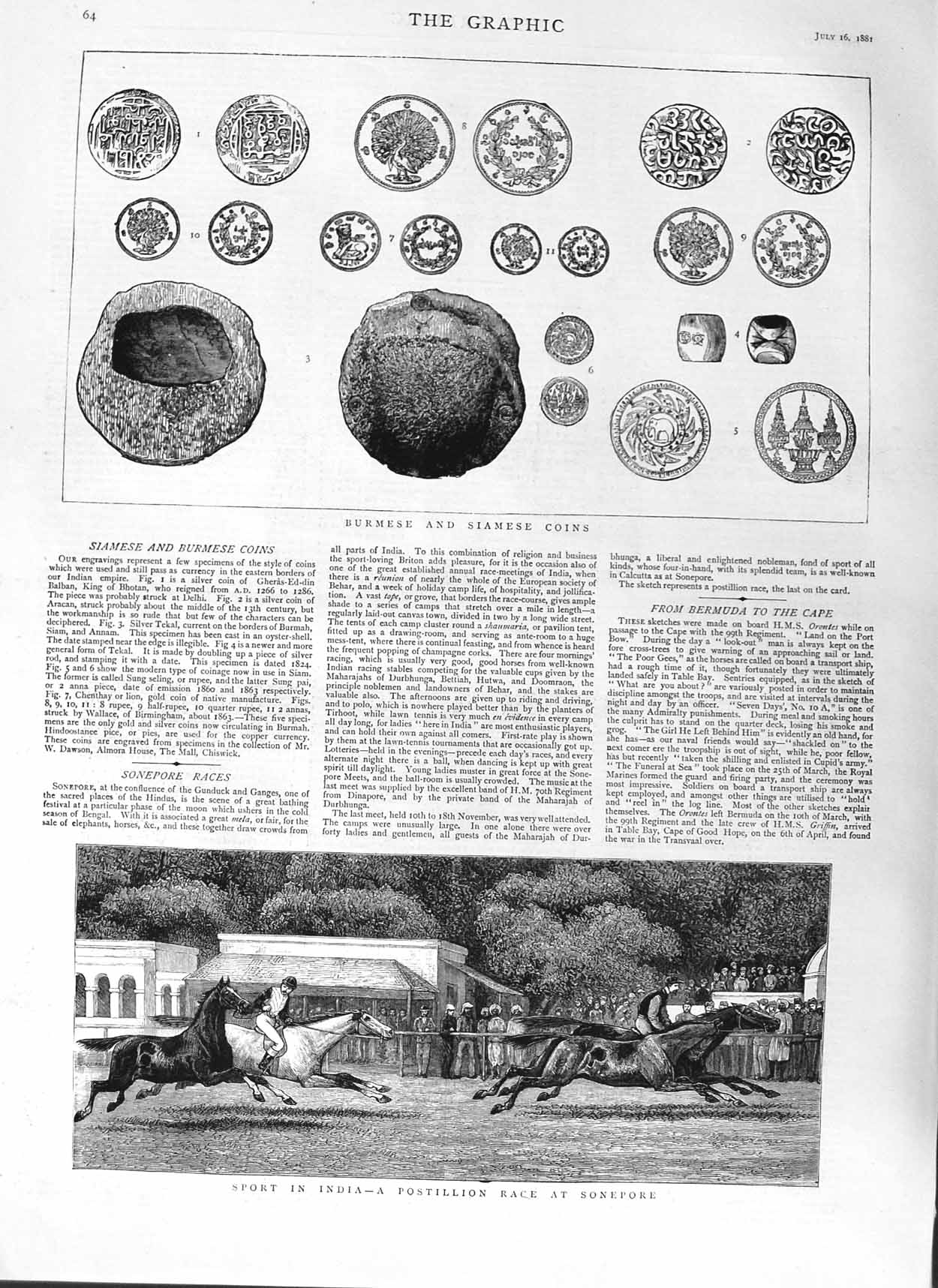Original Old Antique Print 1881 Burmese Siames Coins Sport India Sonepore 19th