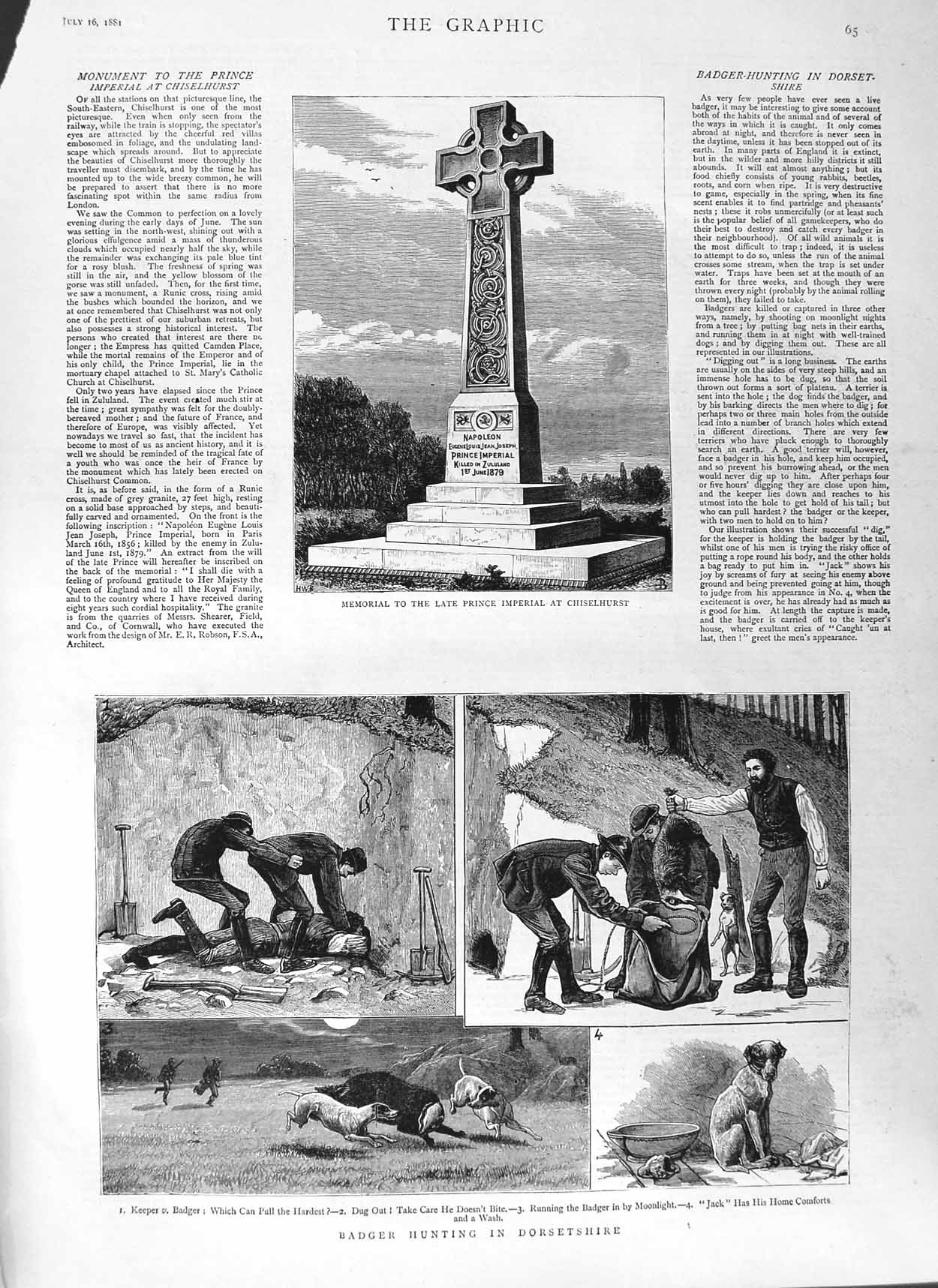 Original Old Antique Print 1881 Badger Hunting Dorsetshire Chiselhurst Memorial