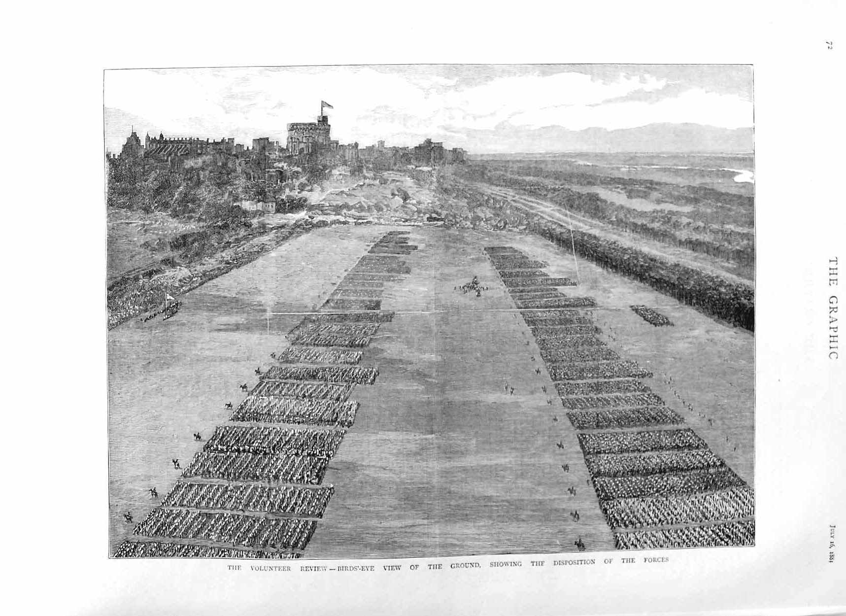 Original Old Antique Print 1881 Siers Volunteer Review Bird'S Eye View Castle