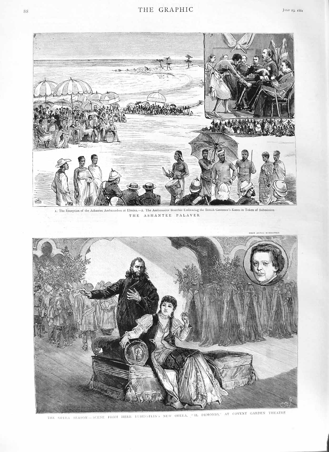 Old Antique Print 1881 Opera Rubinstein Demonio Covent Theatre Ashantee 19th